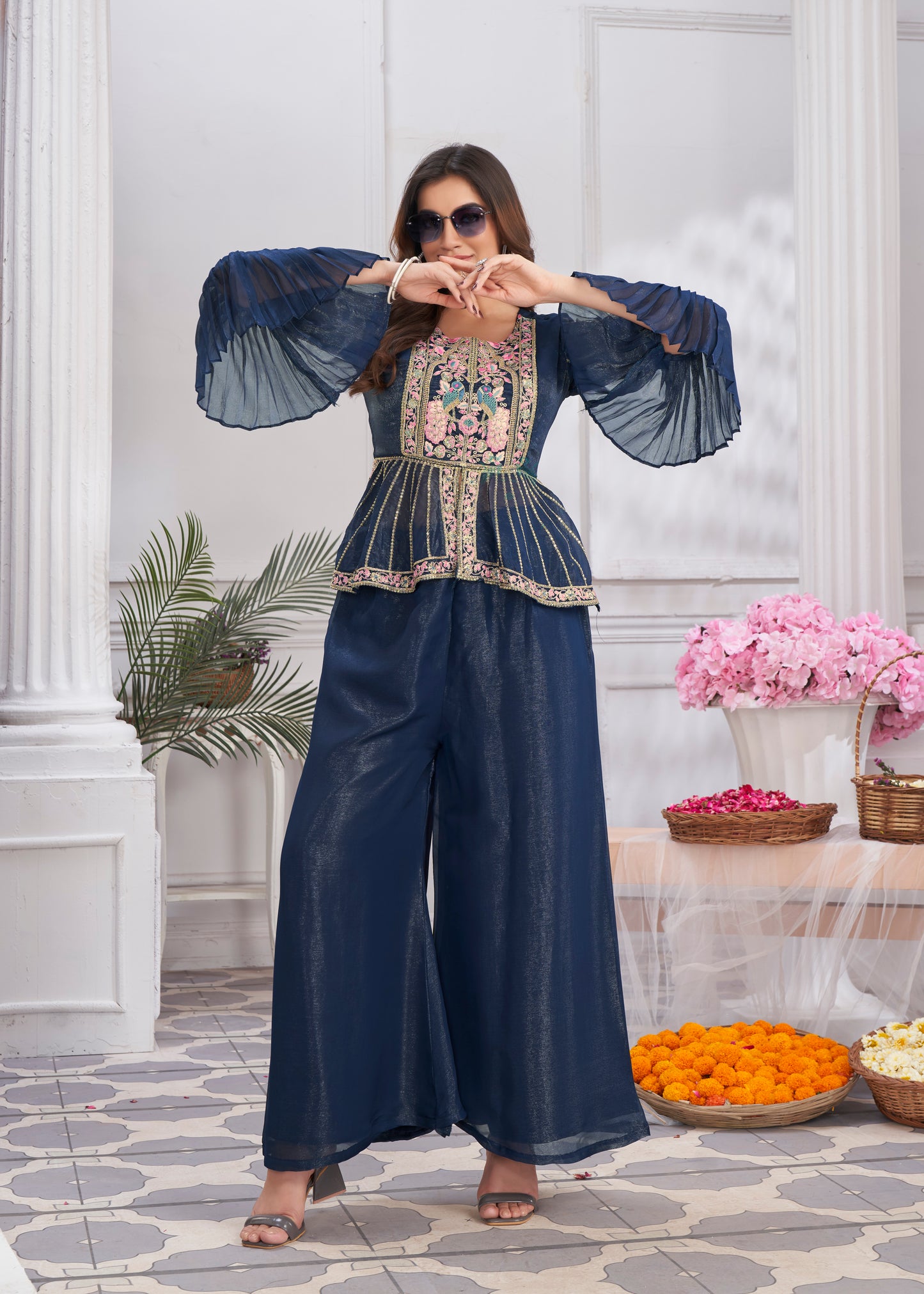 Premium Shimmer Georgette & Fancy Fabric Embroidery & Hand Work Fancy Crop Top/Sharara & Choli