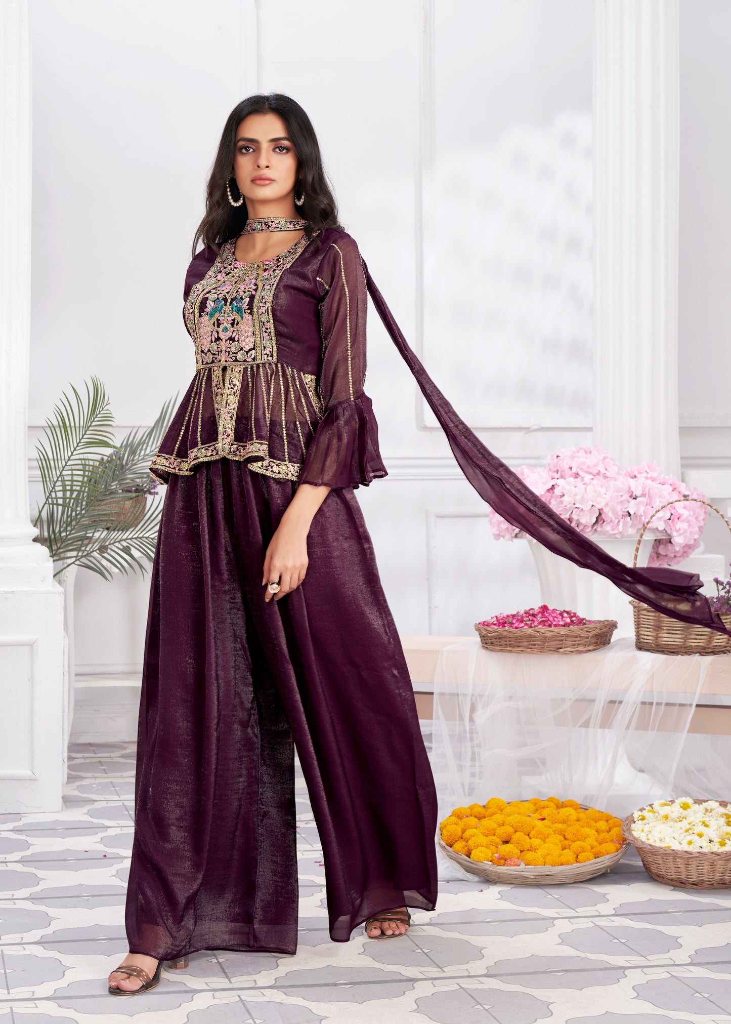 Premium Shimmer Georgette & Fancy Fabric Embroidery & Hand Work Fancy Crop Top/Sharara & Choli.