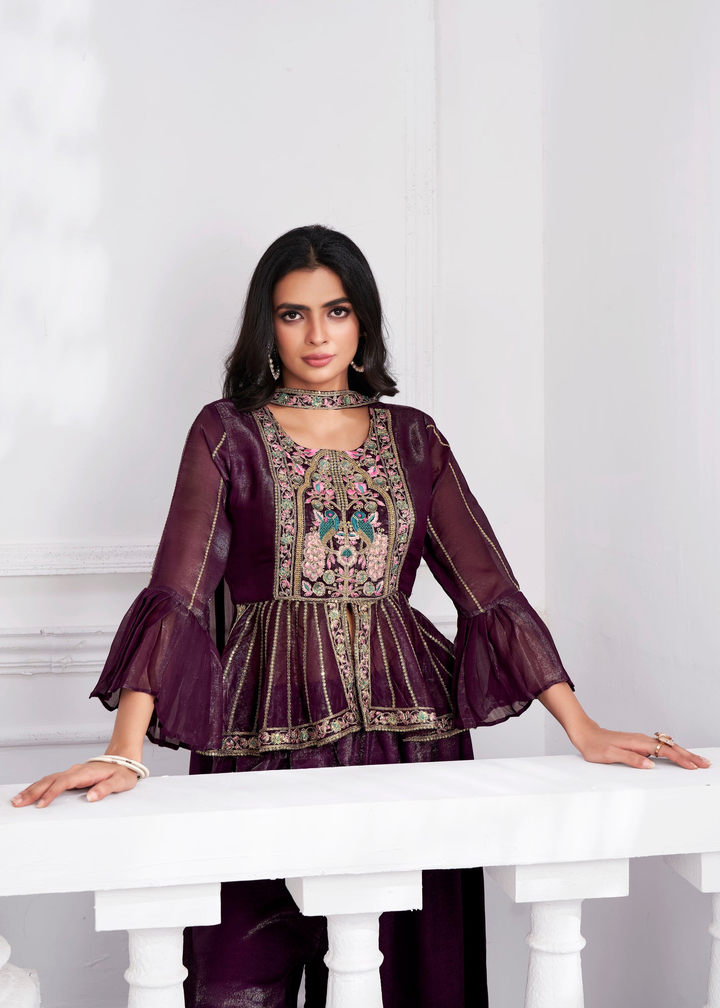 Premium Shimmer Georgette & Fancy Fabric Embroidery & Hand Work Fancy Crop Top/Sharara & Choli.