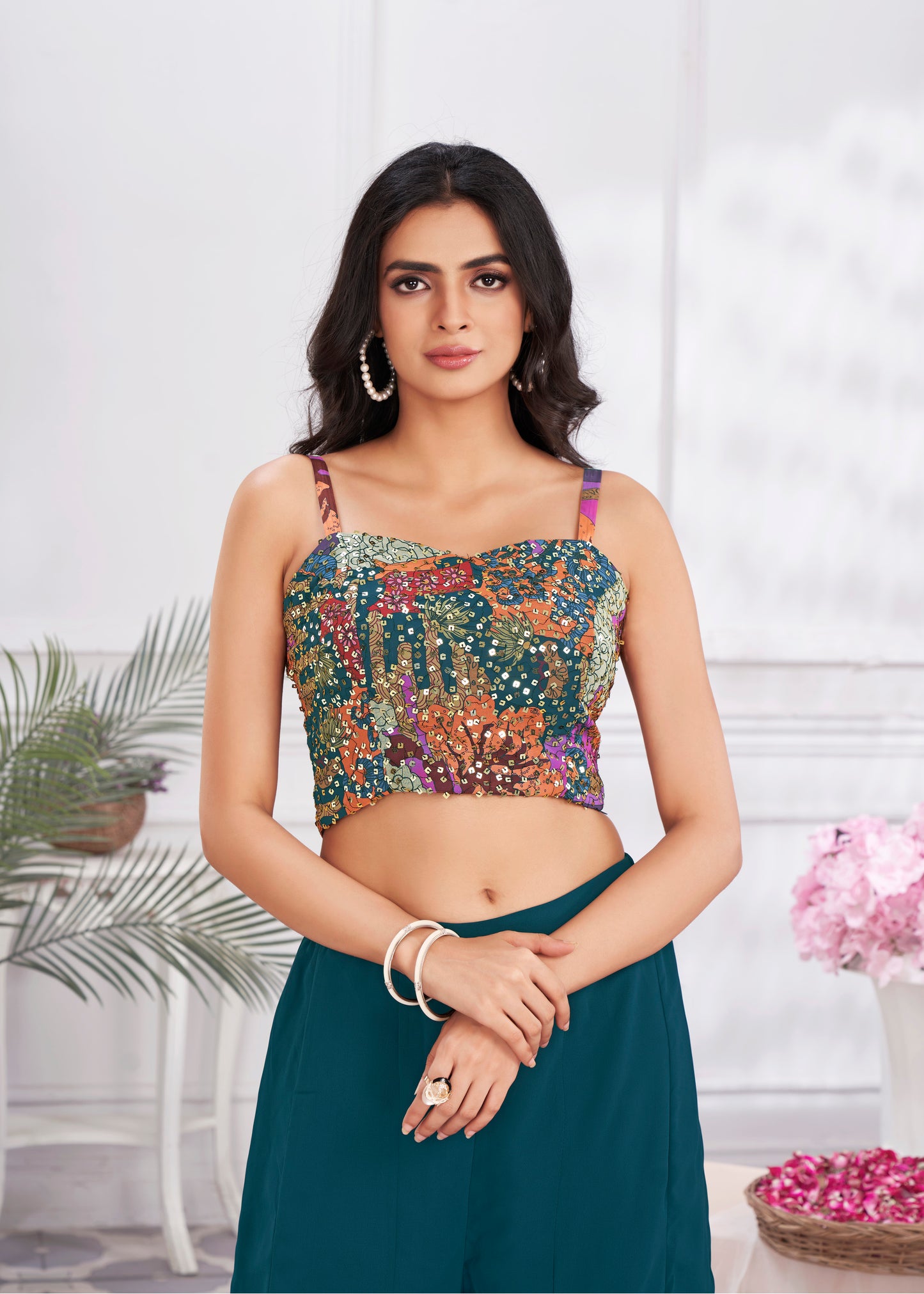 Premium Shimmer Georgette & Fancy Fabric Embroidery & Hand Work Fancy Crop Top/Sharara & Choli