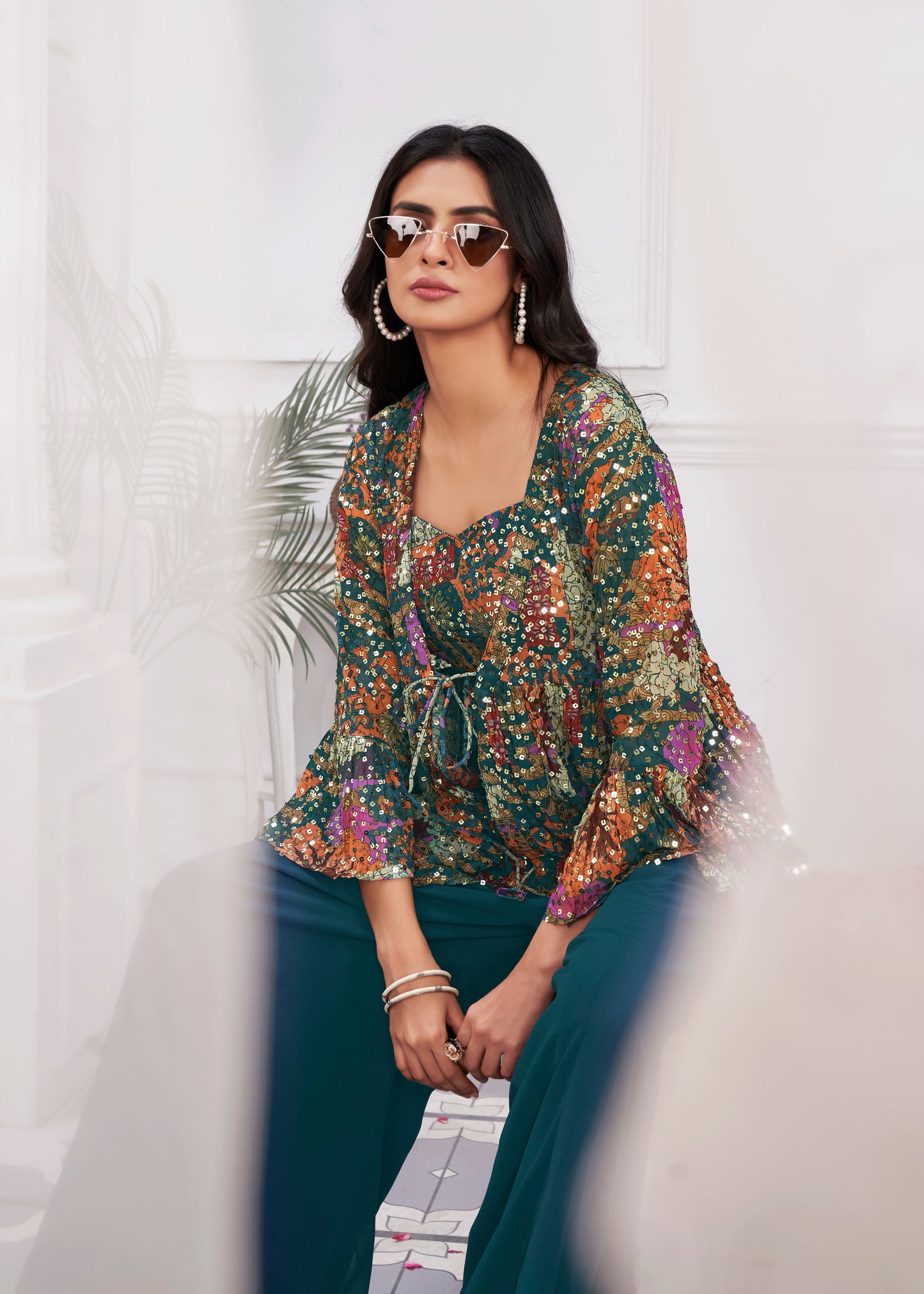 Premium Shimmer Georgette & Fancy Fabric Embroidery & Hand Work Fancy Crop Top/Sharara & Choli
