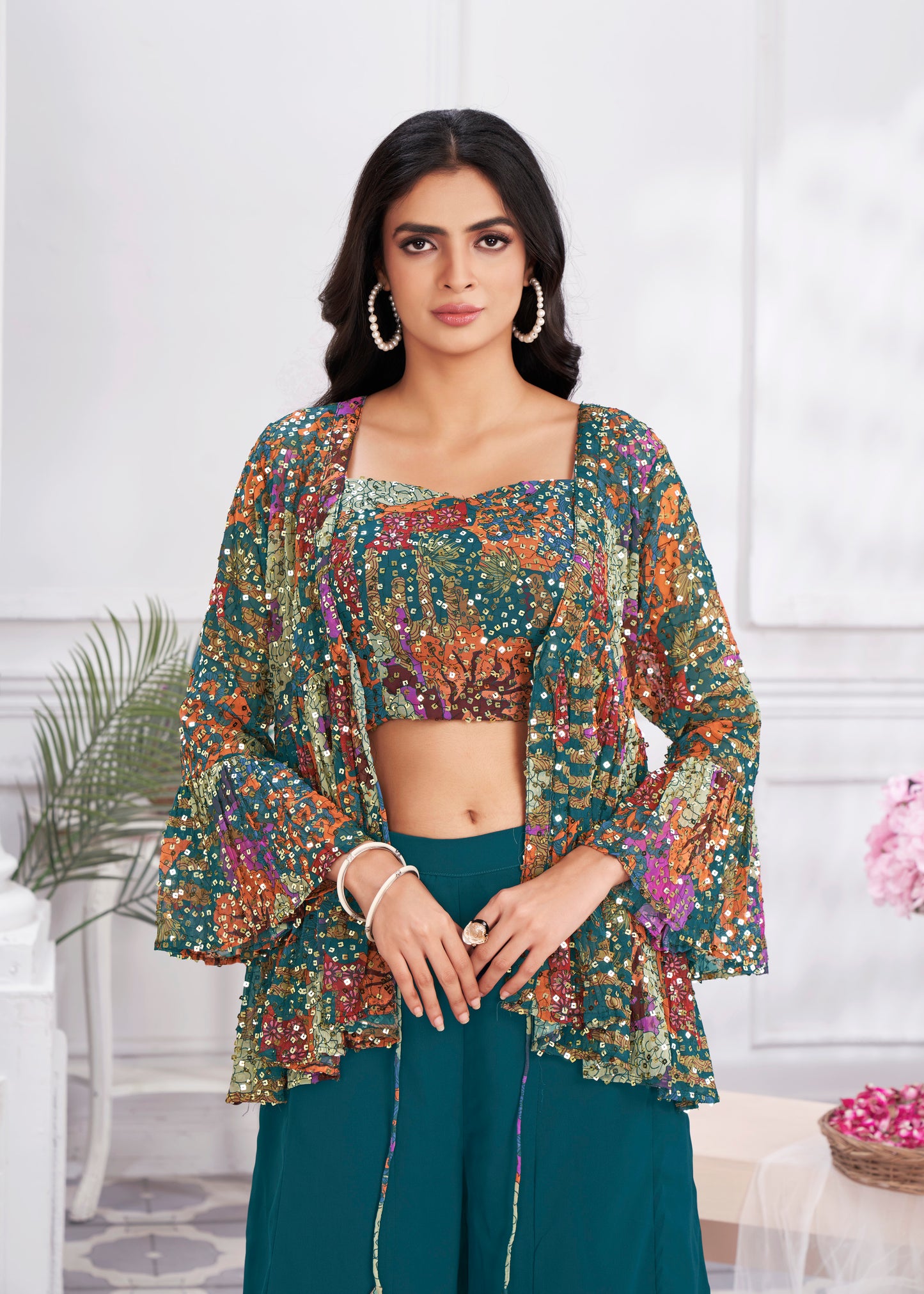 Premium Shimmer Georgette & Fancy Fabric Embroidery & Hand Work Fancy Crop Top/Sharara & Choli