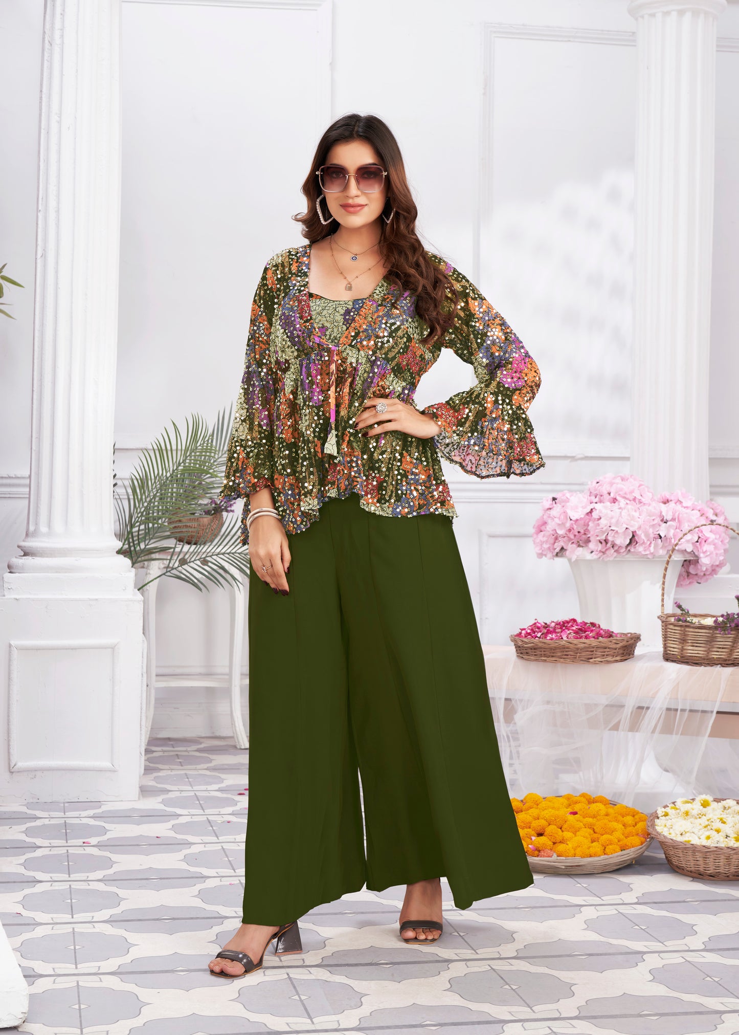Premium Shimmer Georgette & Fancy Fabric Embroidery & Hand Work Fancy Crop Top/Sharara & Choli