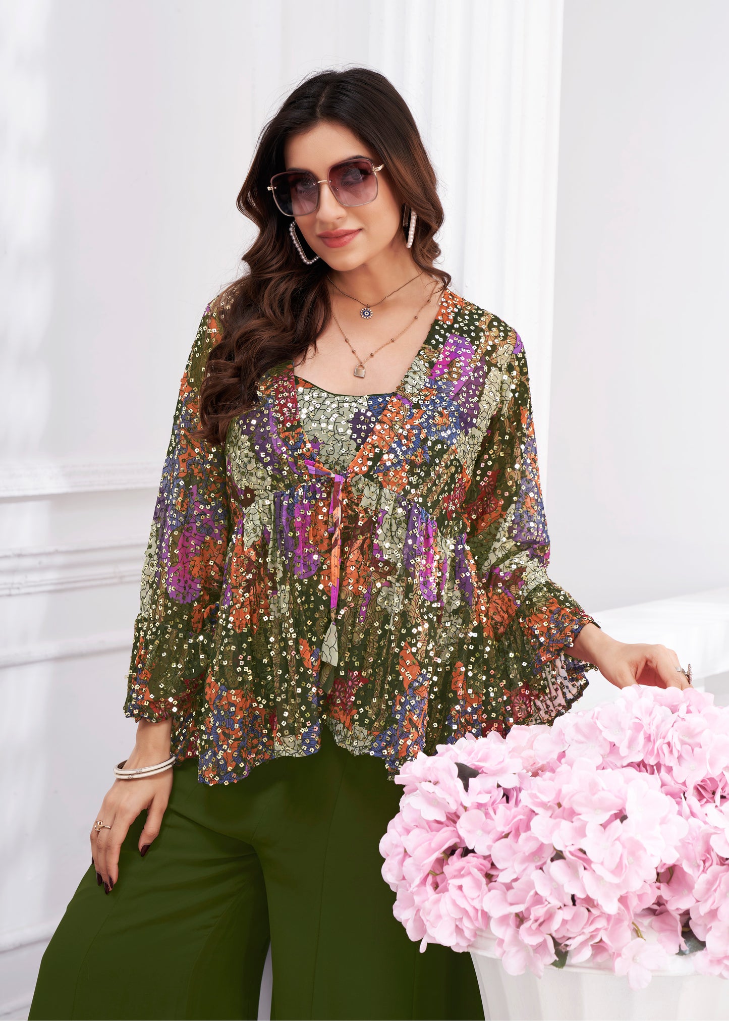Premium Shimmer Georgette & Fancy Fabric Embroidery & Hand Work Fancy Crop Top/Sharara & Choli