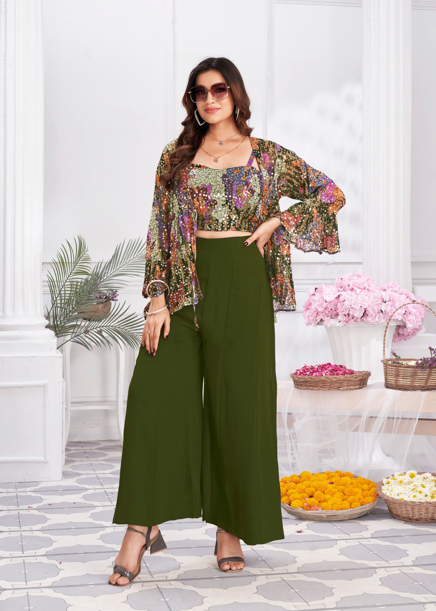 Premium Shimmer Georgette & Fancy Fabric Embroidery & Hand Work Fancy Crop Top/Sharara & Choli