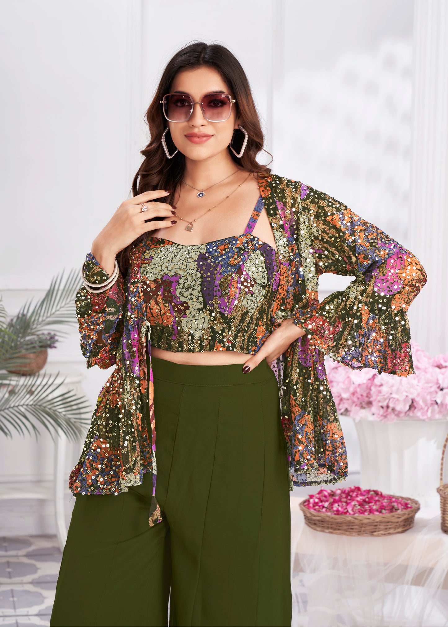 Premium Shimmer Georgette & Fancy Fabric Embroidery & Hand Work Fancy Crop Top/Sharara & Choli