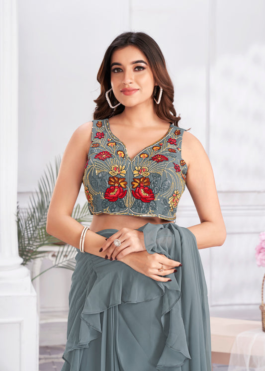 Premium Satin Silk & Fancy Fabric Embroidery & Hand Work Fancy Drape Saree & Choli