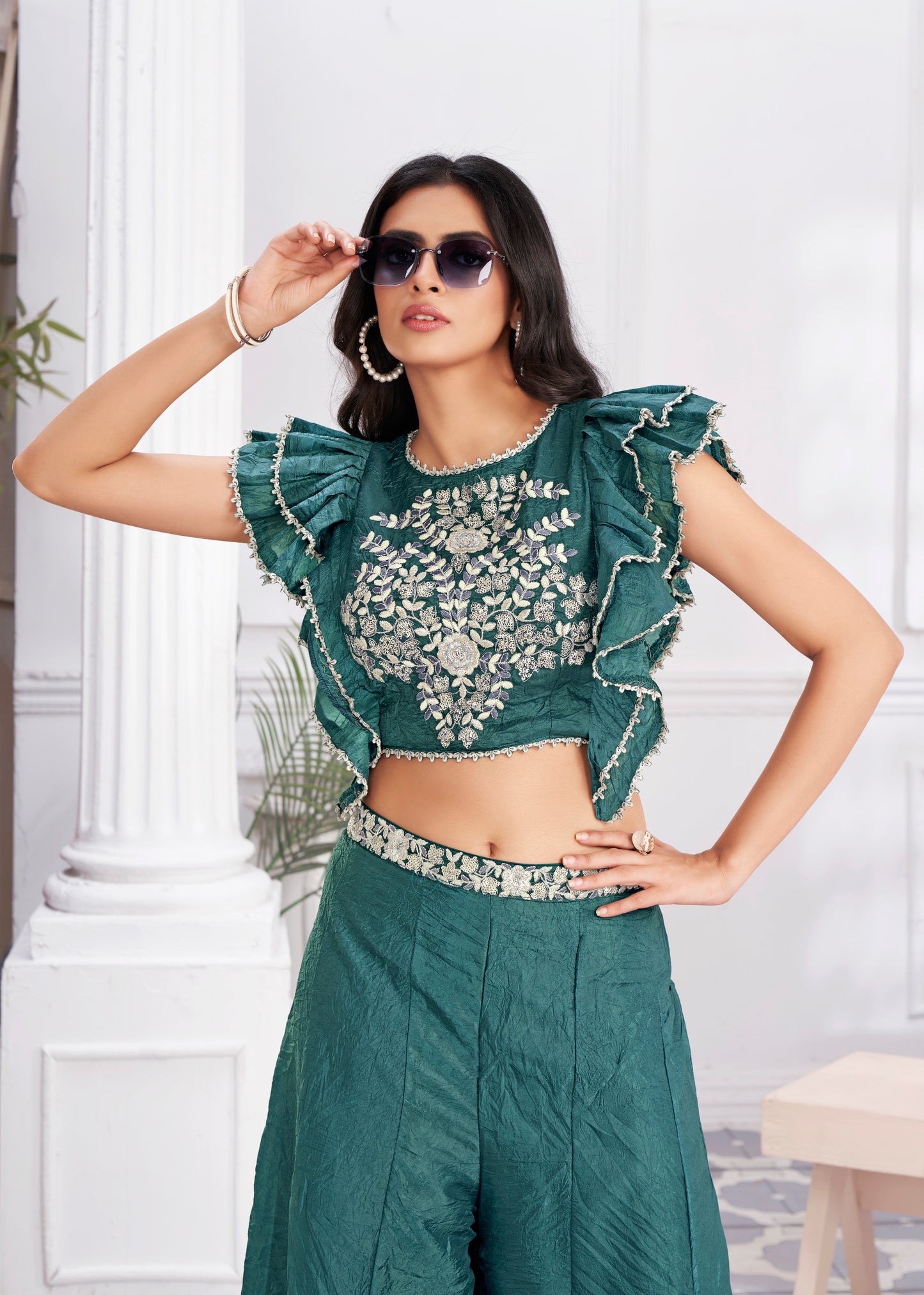 Premium Shimmer Georgette & Fancy Fabric Embroidery & Hand Work Fancy Crop Top/Sharara & Choli