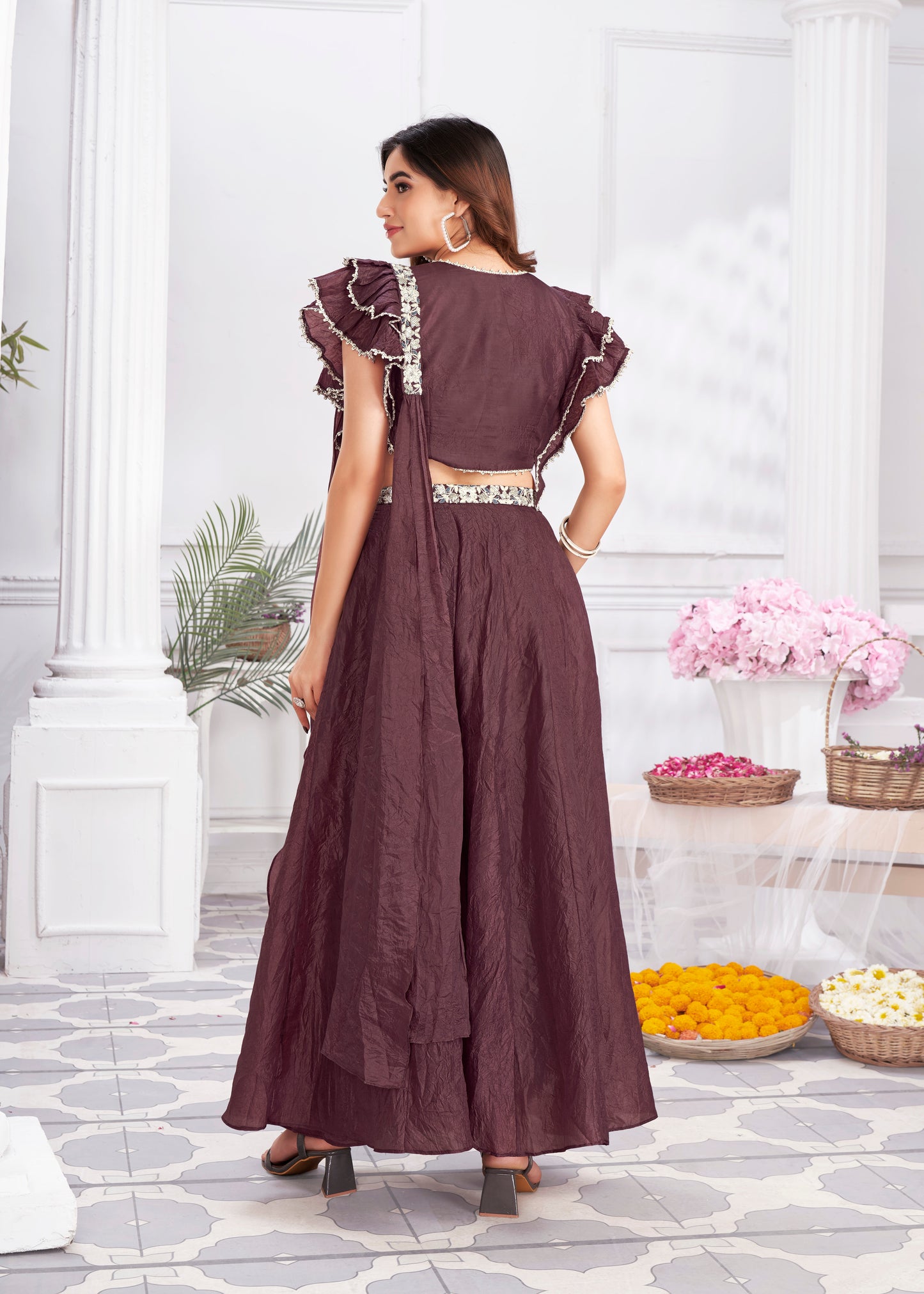 Premium Shimmer Georgette & Fancy Fabric Embroidery & Hand Work Fancy Crop Top/Sharara & Choli