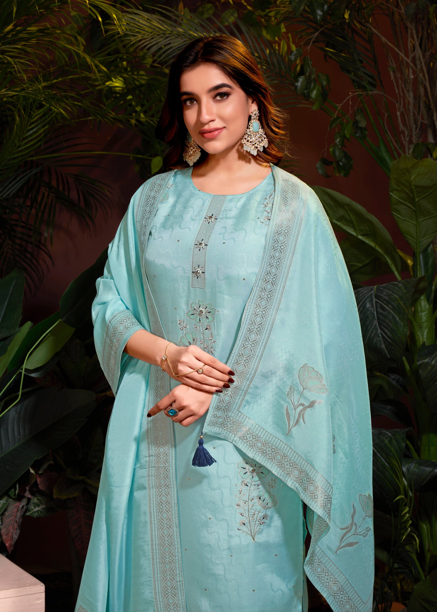 Premium Natural Viscose Jacquard Butti And Hand Work Salwar/Kameez/Dupatta/3 Pcs Set
