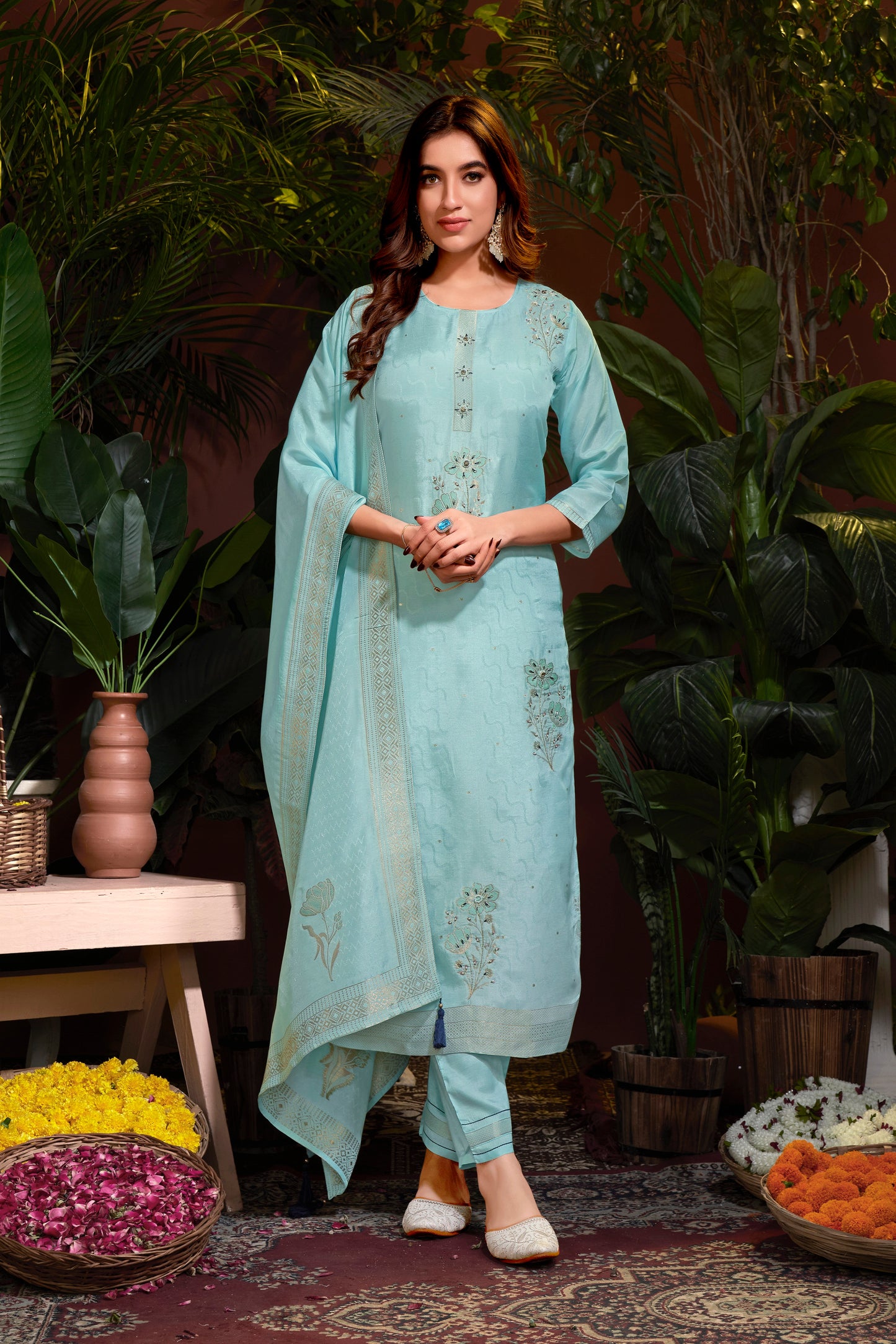 Premium Natural Viscose Jacquard Butti And Hand Work Salwar/Kameez/Dupatta/3 Pcs Set