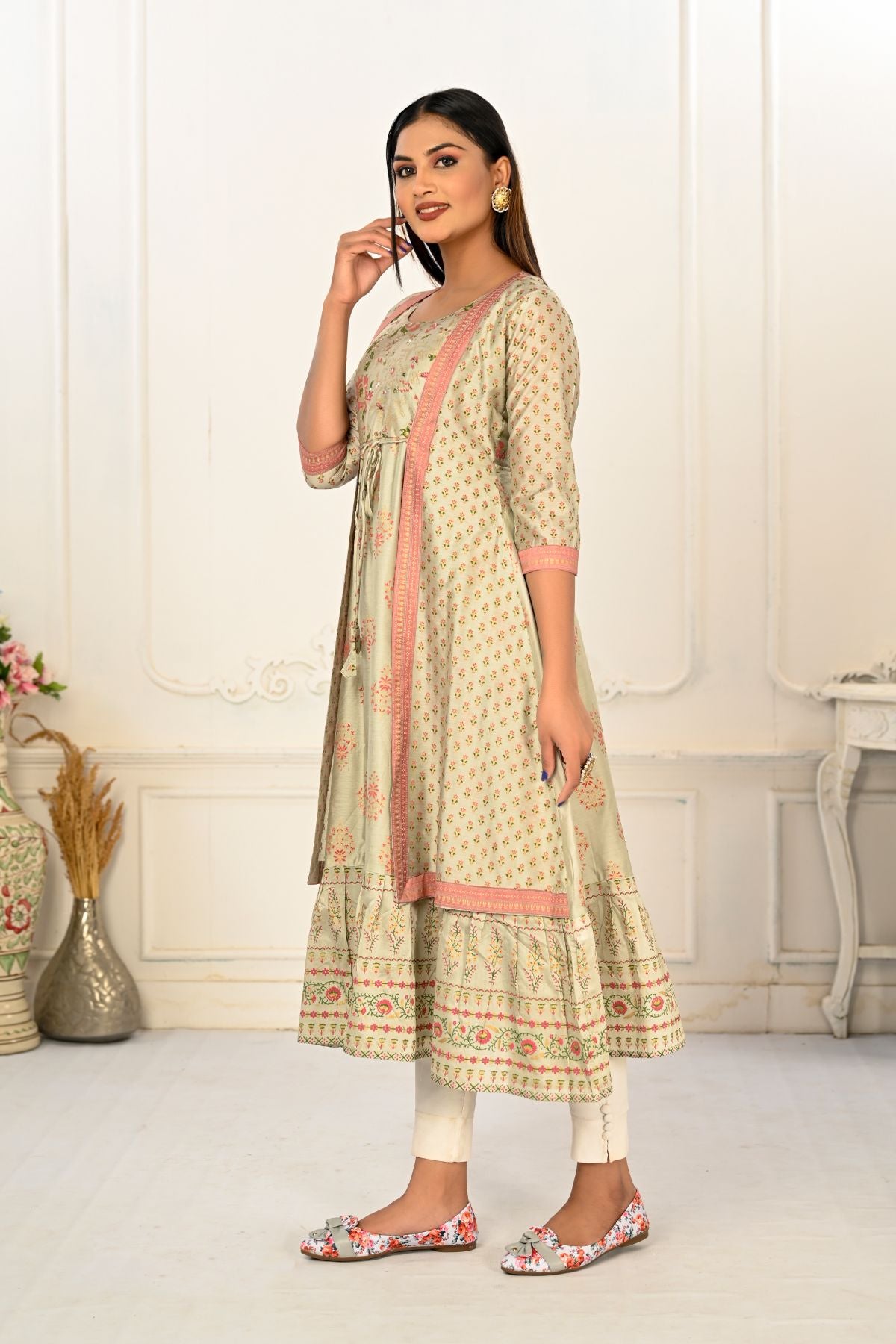 Pista Green Cotton Handprint Kurtis with Light Embroidery - jivora