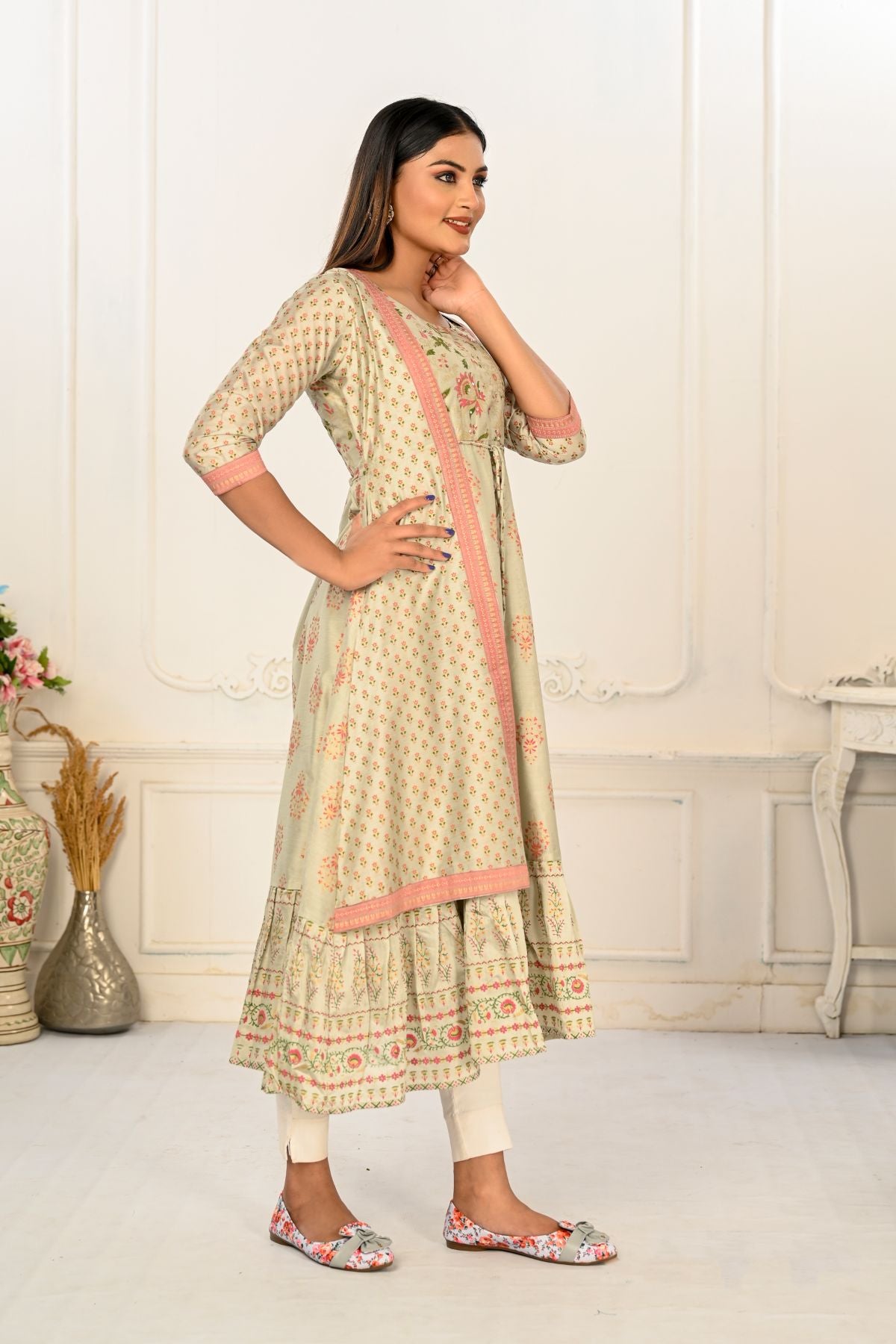 Pista Green Cotton Handprint Kurtis with Light Embroidery - jivora