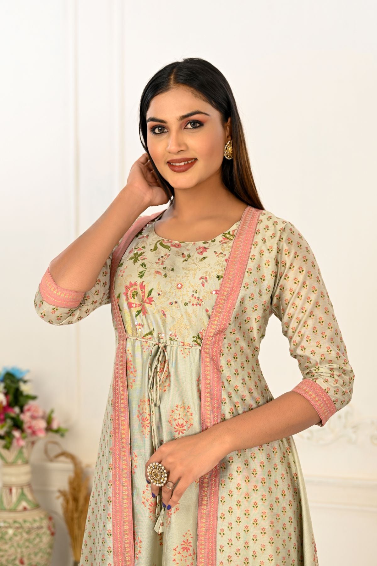 Pista Green Cotton Handprint Kurtis with Light Embroidery - jivora