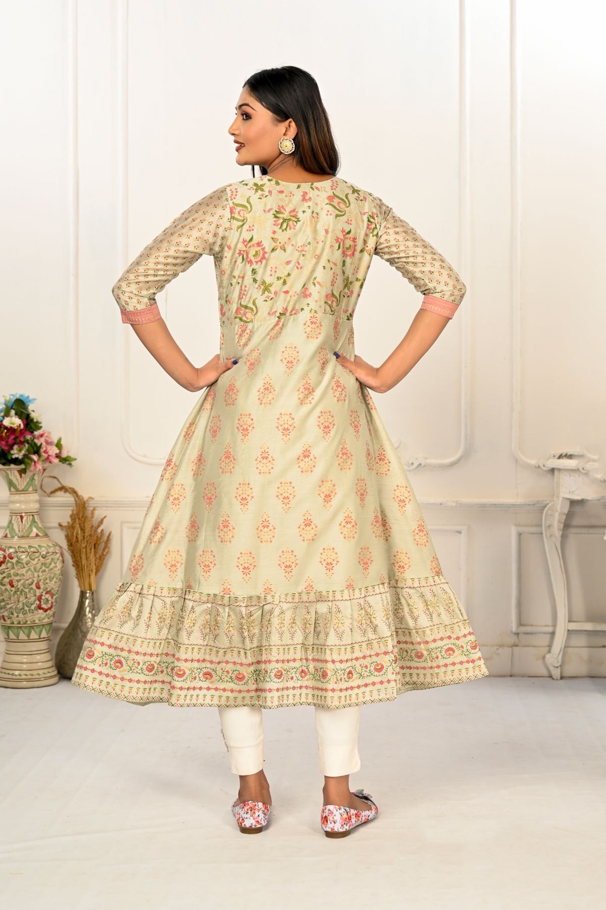 Pista Green Cotton Handprint Kurtis with Light Embroidery - jivora
