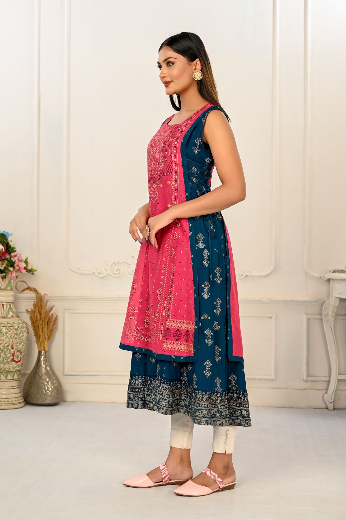 2 Layered Inner Cotton And Outward Jacket Chanderi Kurti - jivora