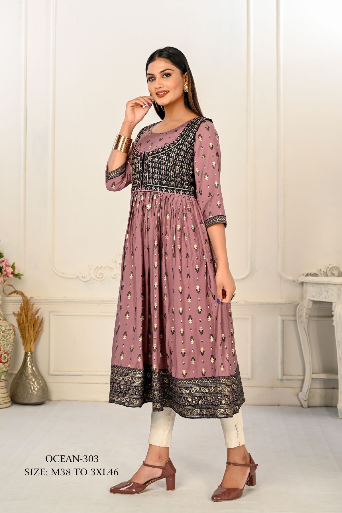 Violet Cotton Handprint Embroidered Kurtis - jivora