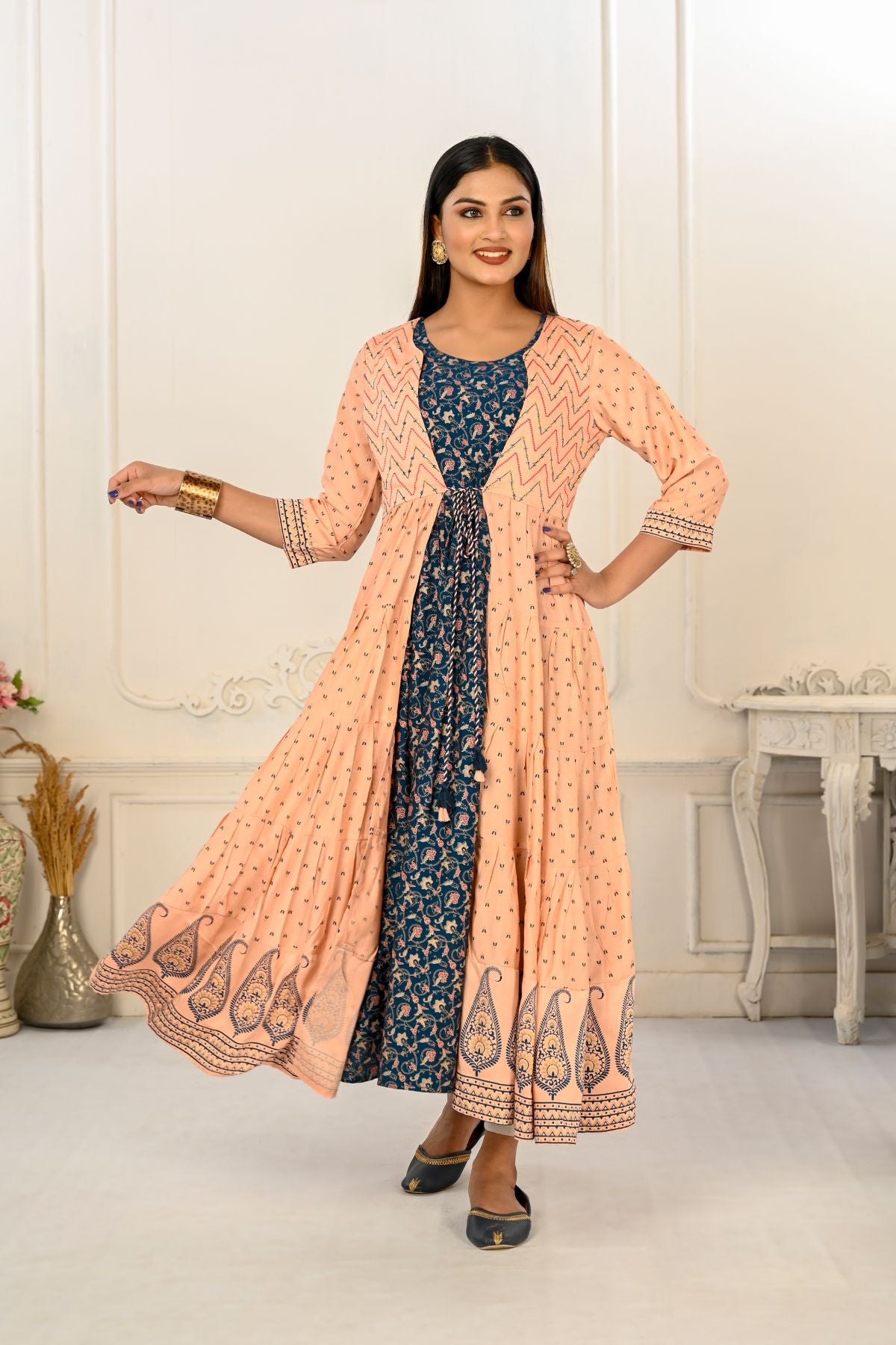 Peach Cotton Handprint Embroidered Kurtis - jivora