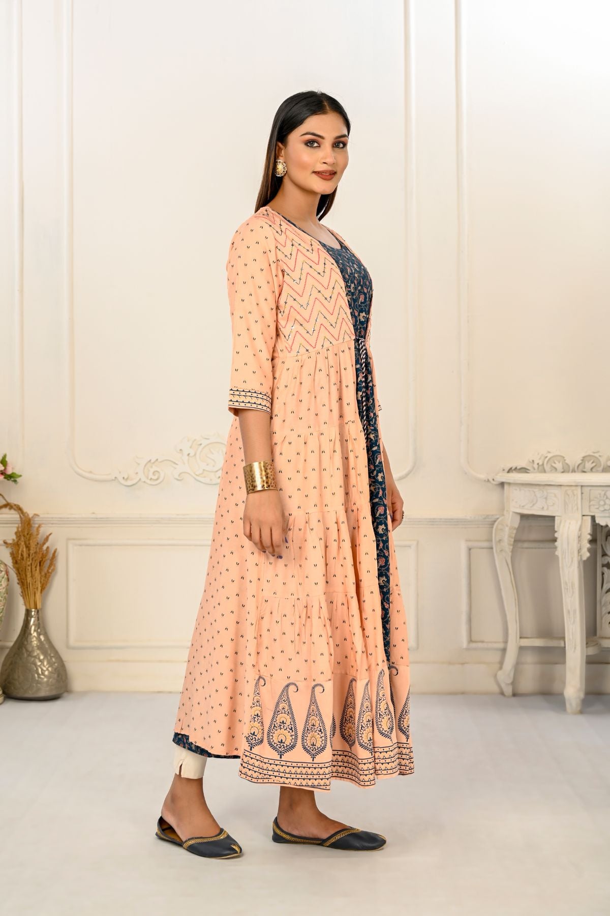 Peach Cotton Handprint Embroidered Kurtis - jivora