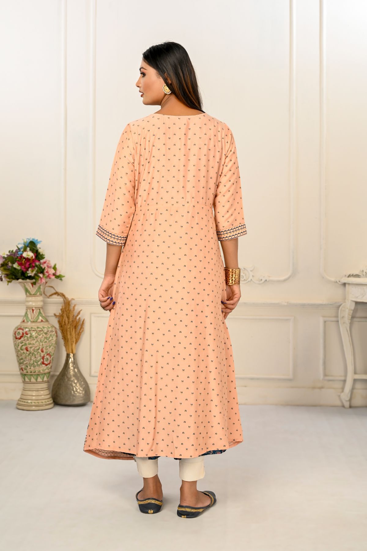 Peach Cotton Handprint Embroidered Kurtis - jivora