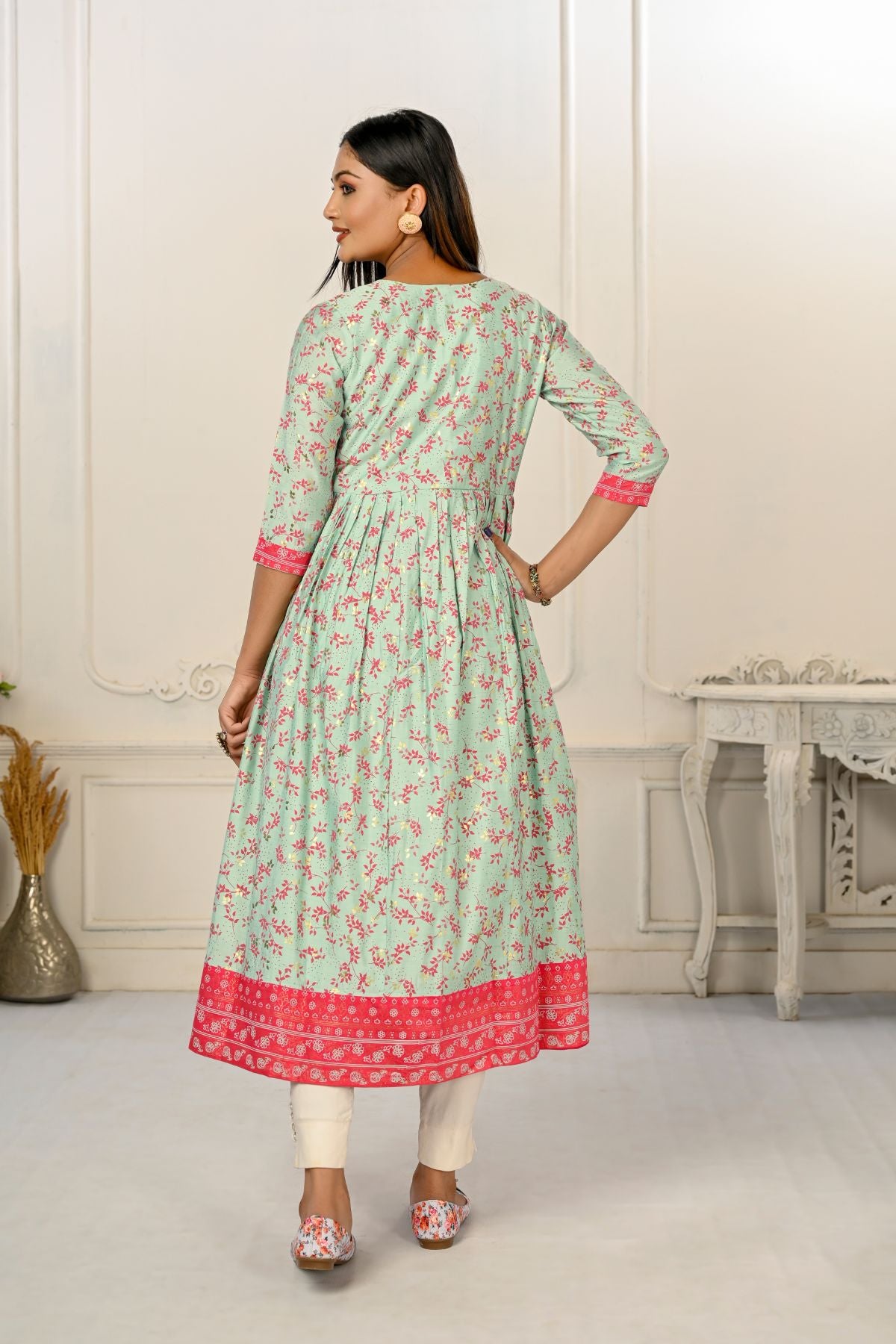 Light Green Cotton Handprint Embroidered Kurtis - jivora