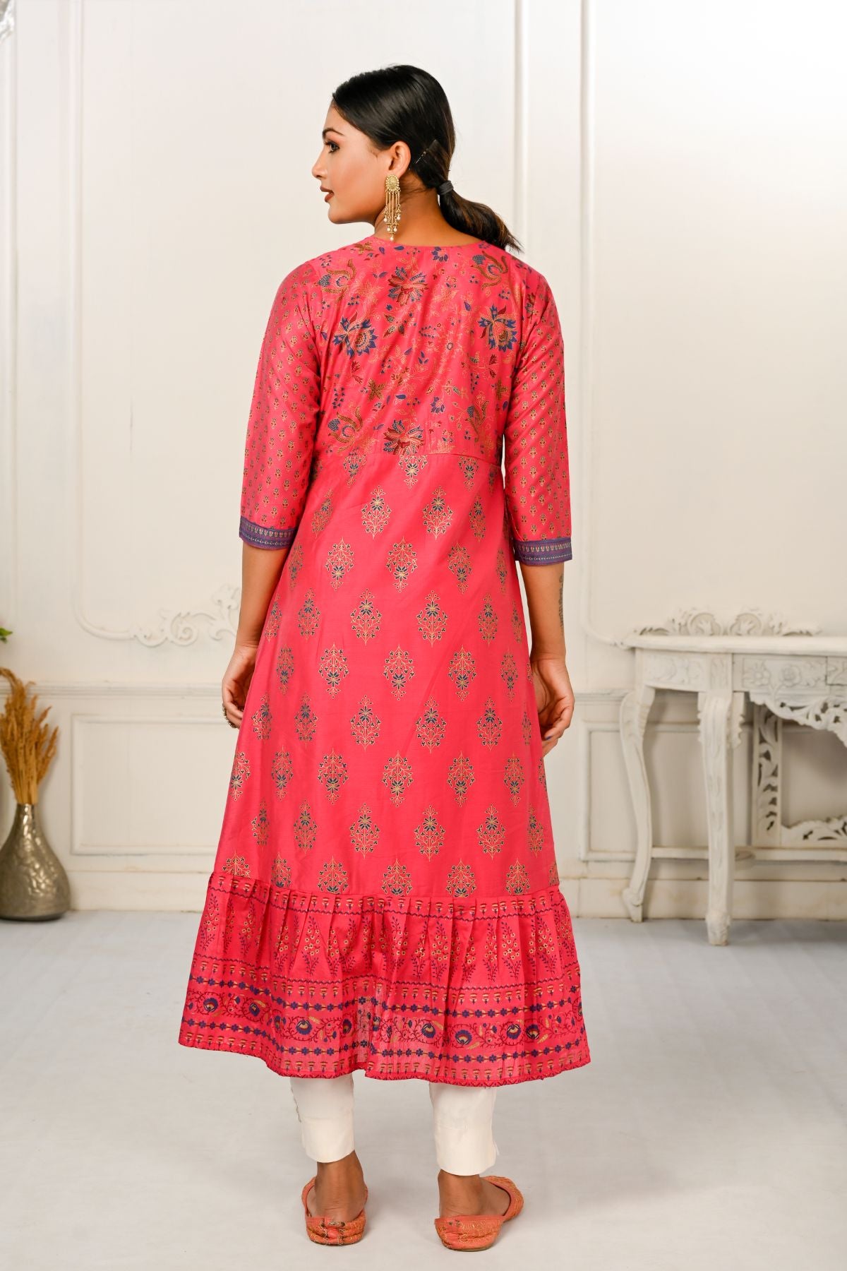 Red Cotton Kurti with Handprint and Light Embroidery - jivora