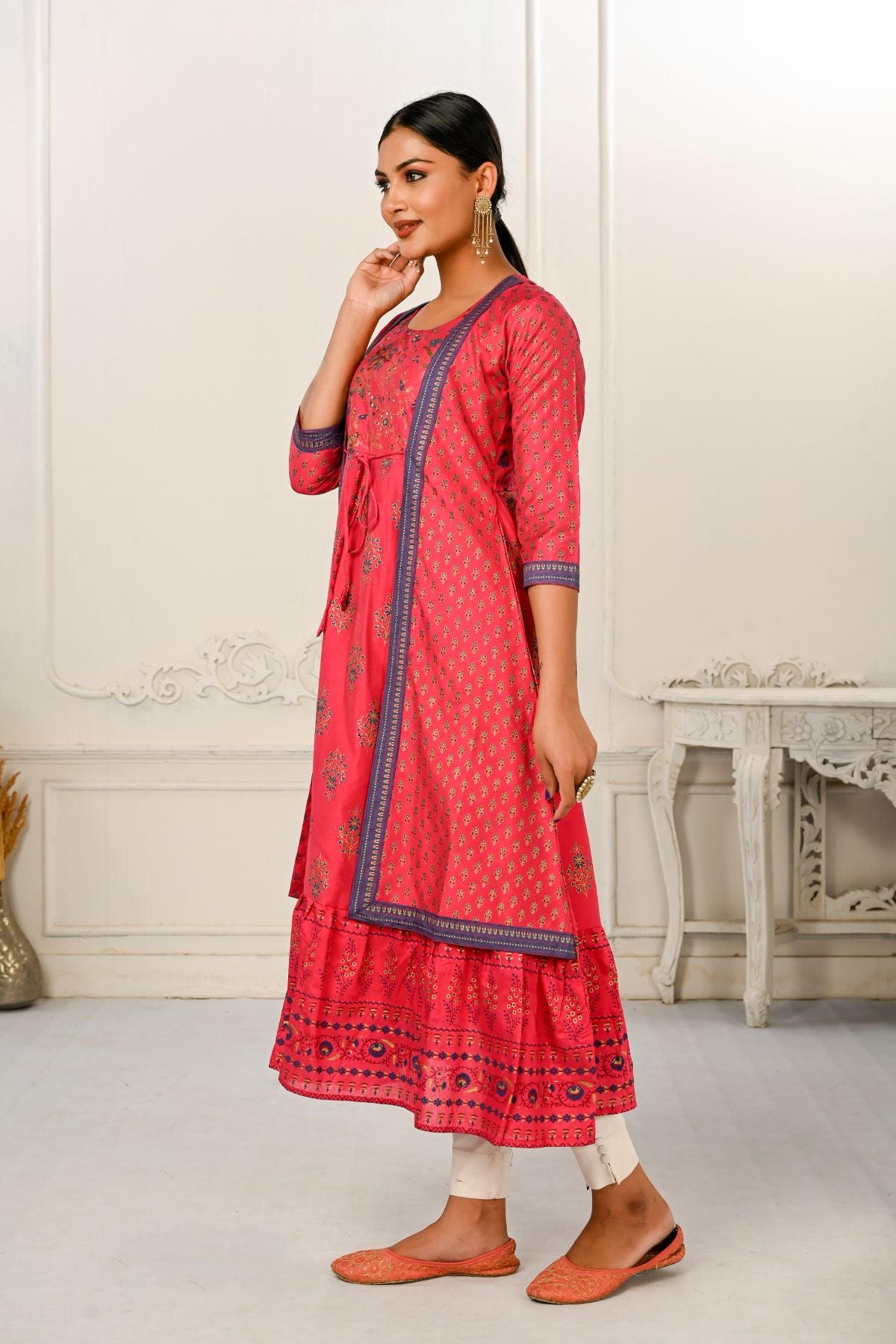 Red Cotton Kurti with Handprint and Light Embroidery - jivora