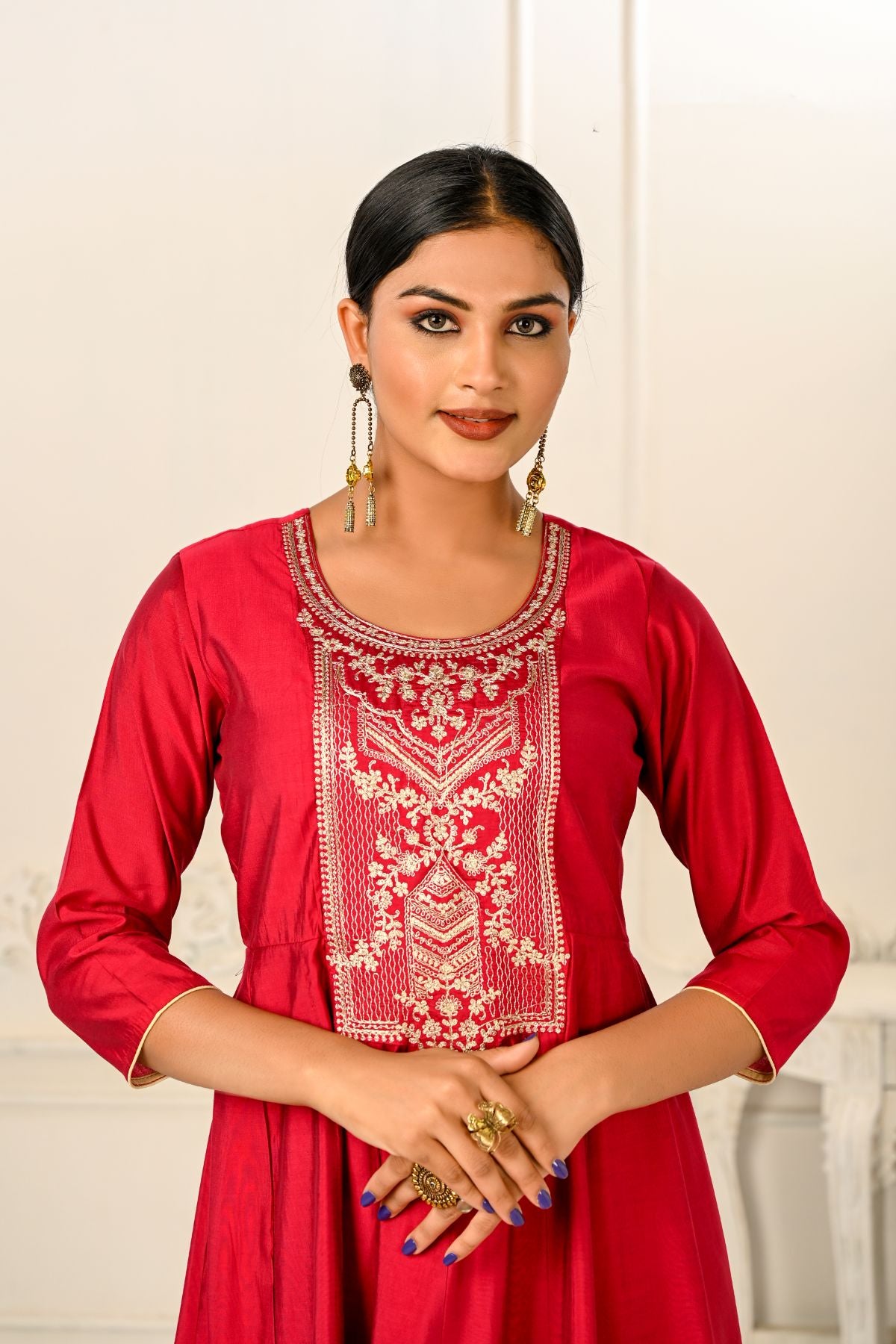 Elegant Cotton Handprint Red Embroidery Kurtis - jivora