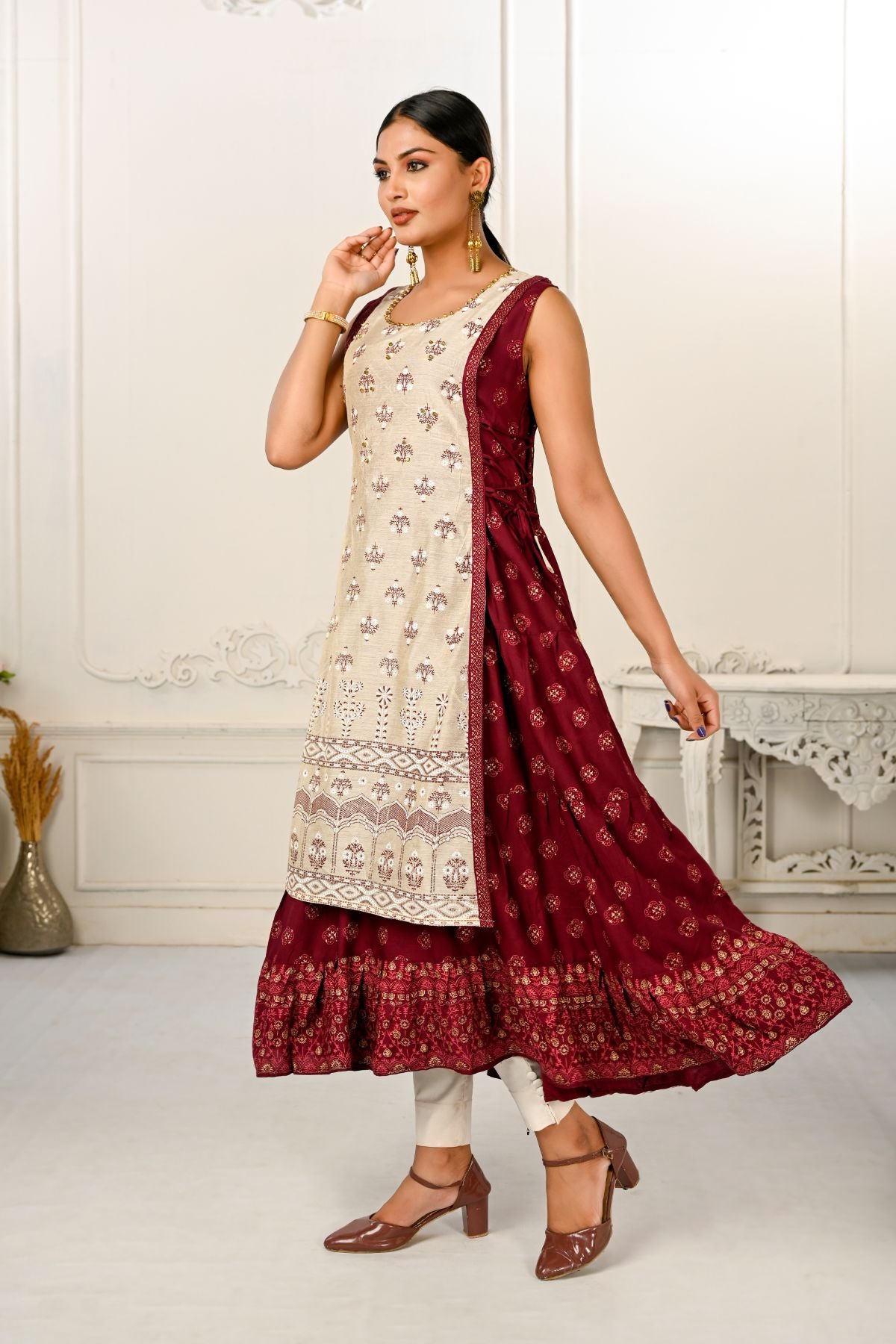 2 Layered Inner Cotton And Outward Jacket Chanderi Kurti - jivora