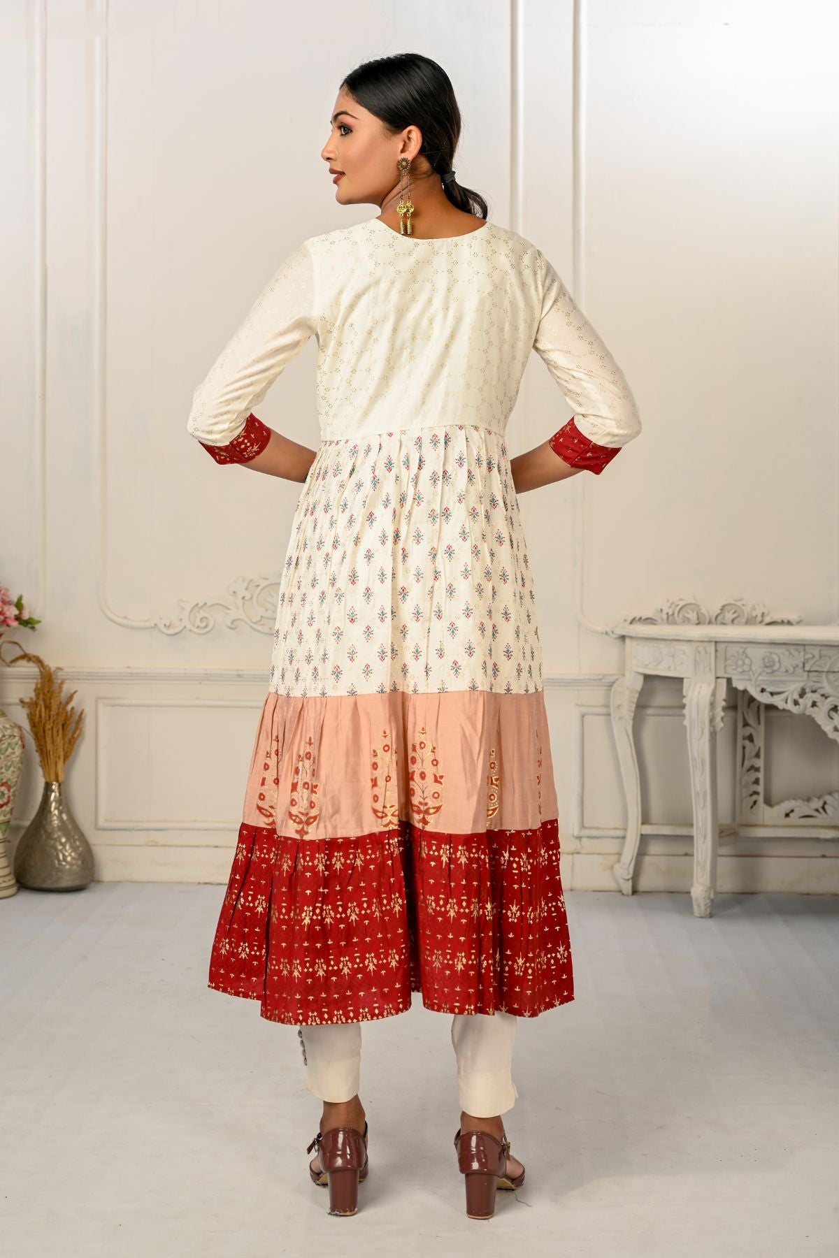 Enhance Your Style with Cotton Handprint Cream & Red Light Embroidery Kurtis - jivora