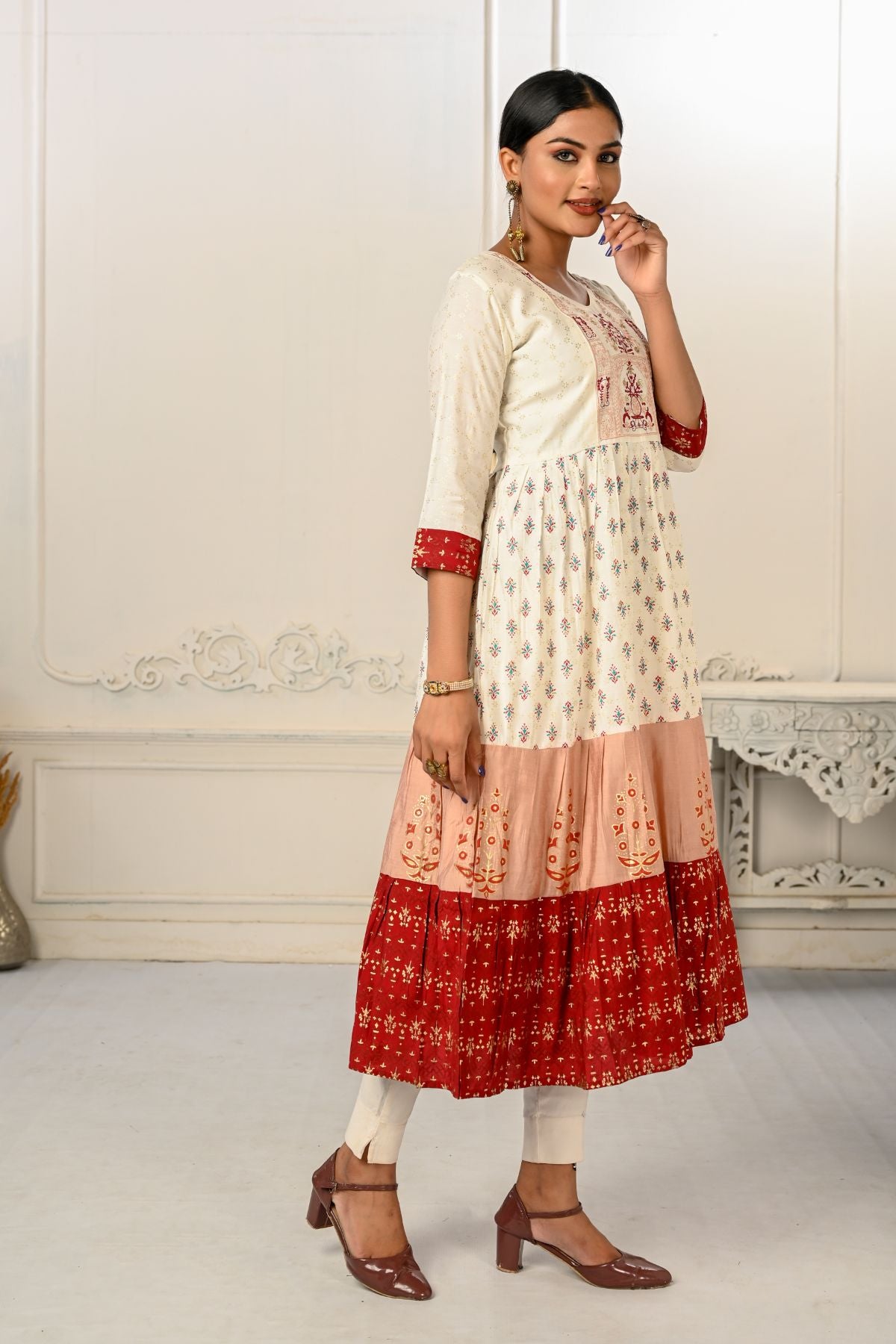Enhance Your Style with Cotton Handprint Cream & Red Light Embroidery Kurtis - jivora