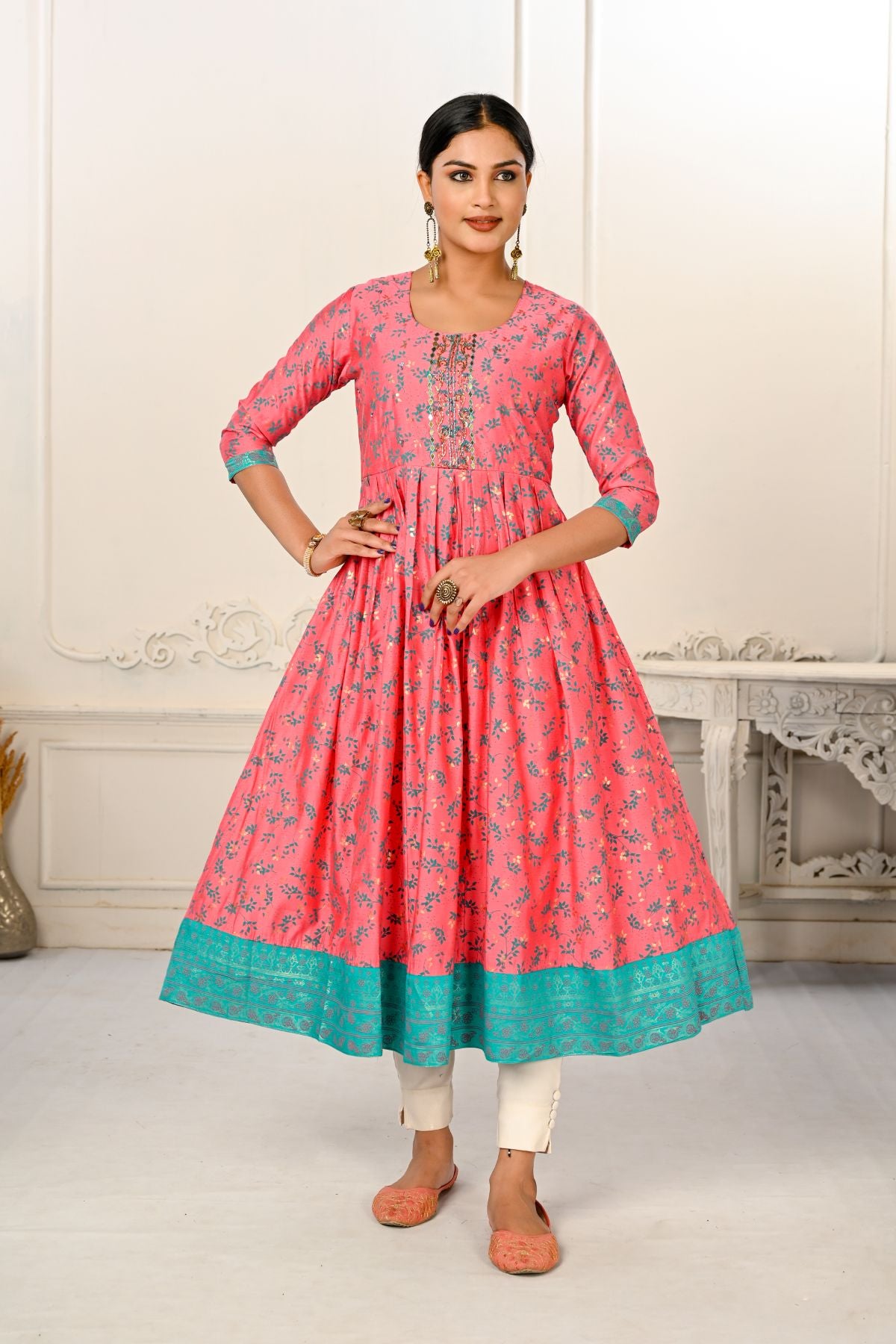 Pink Cotton Handprint Embroidered Kurtis - jivora