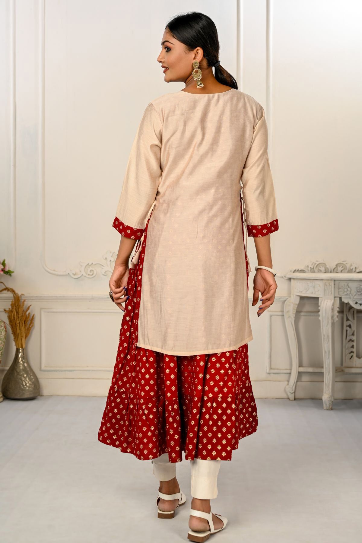 Cream Double layered Cotton with Handfoil Print Kurtis - jivora