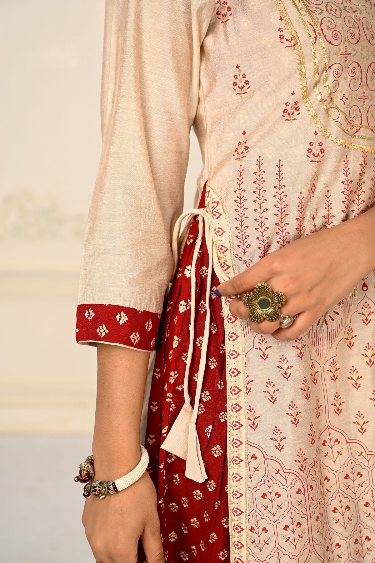 Cream Double layered Cotton with Handfoil Print Kurtis - jivora