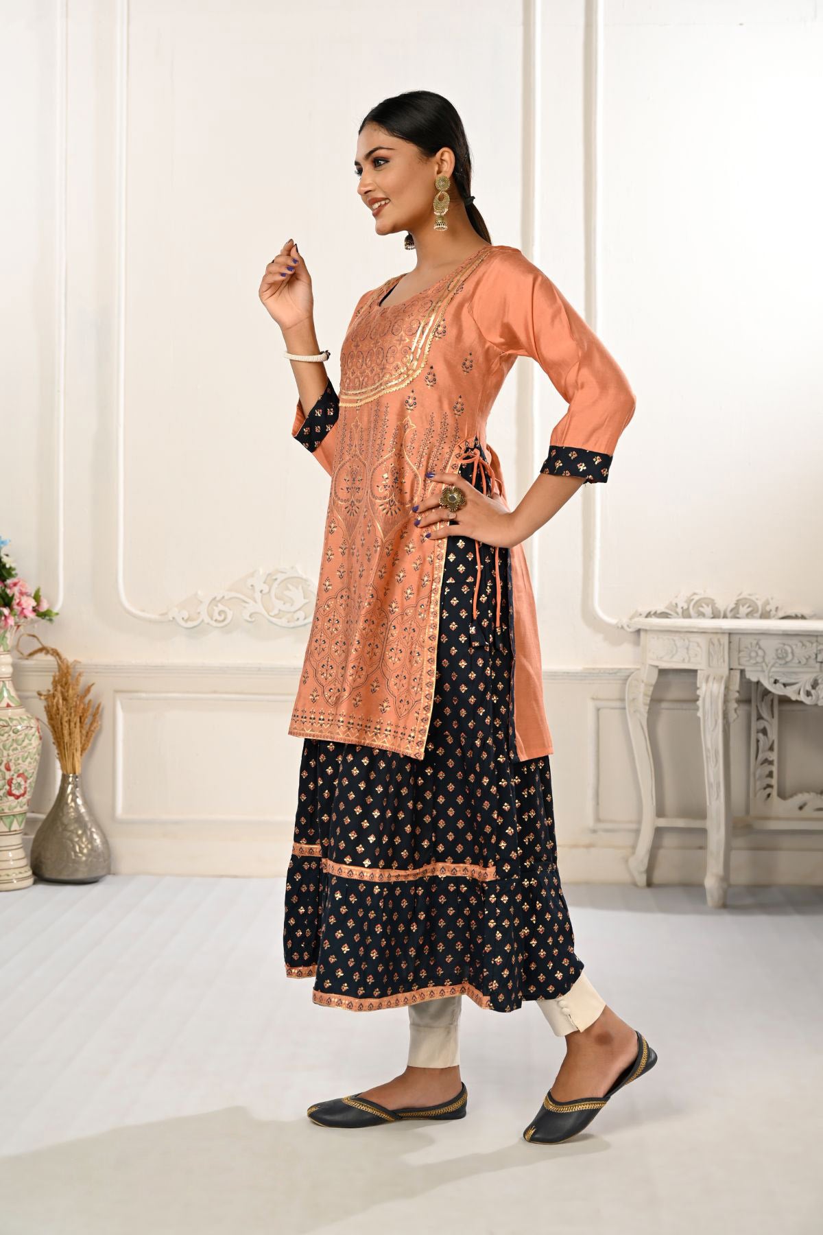 Peach Double layered Cotton with Handfoil Print Kurtis - jivora