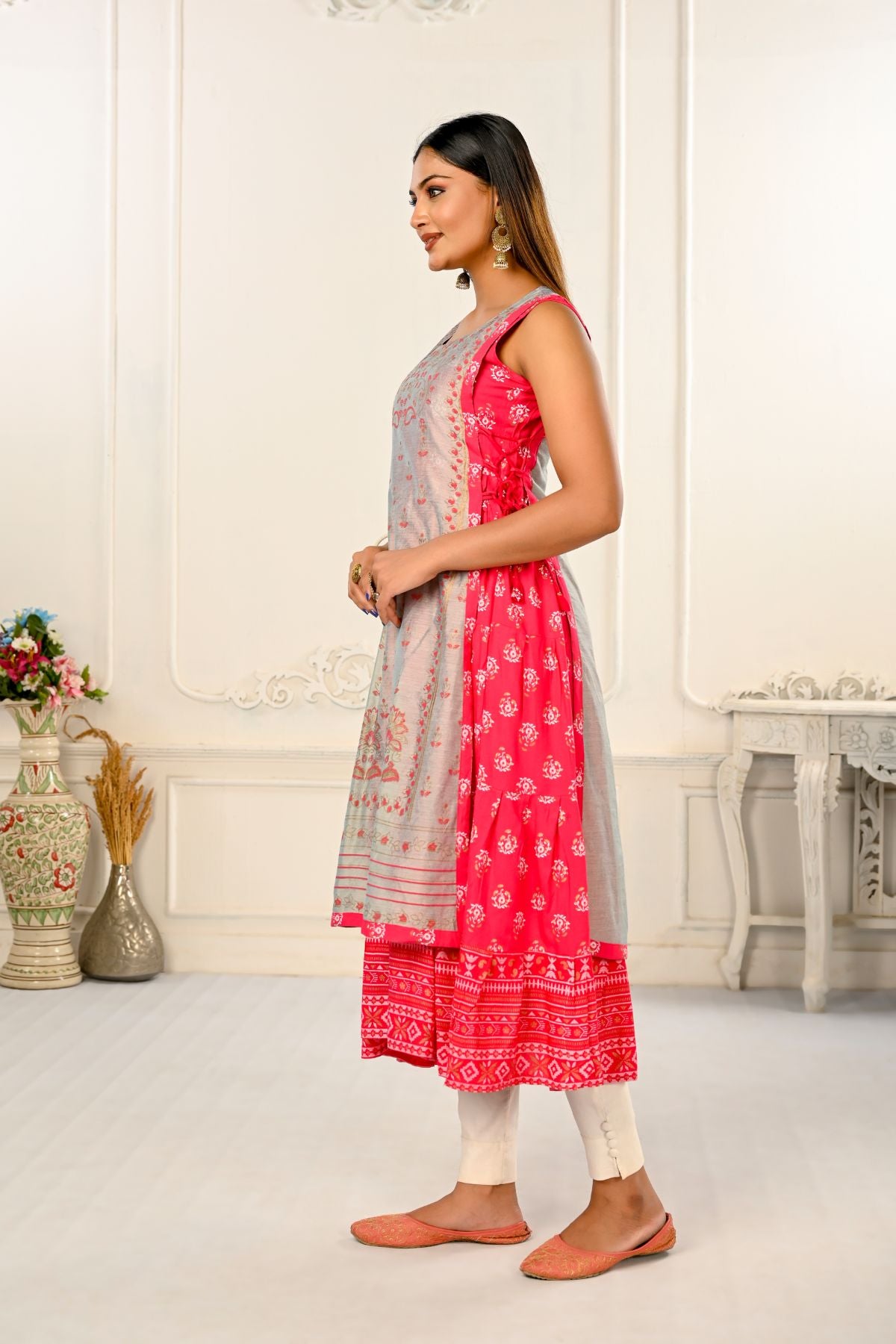 2 Layered Inner Cotton And Outward Jacket Chanderi Kurti - jivora