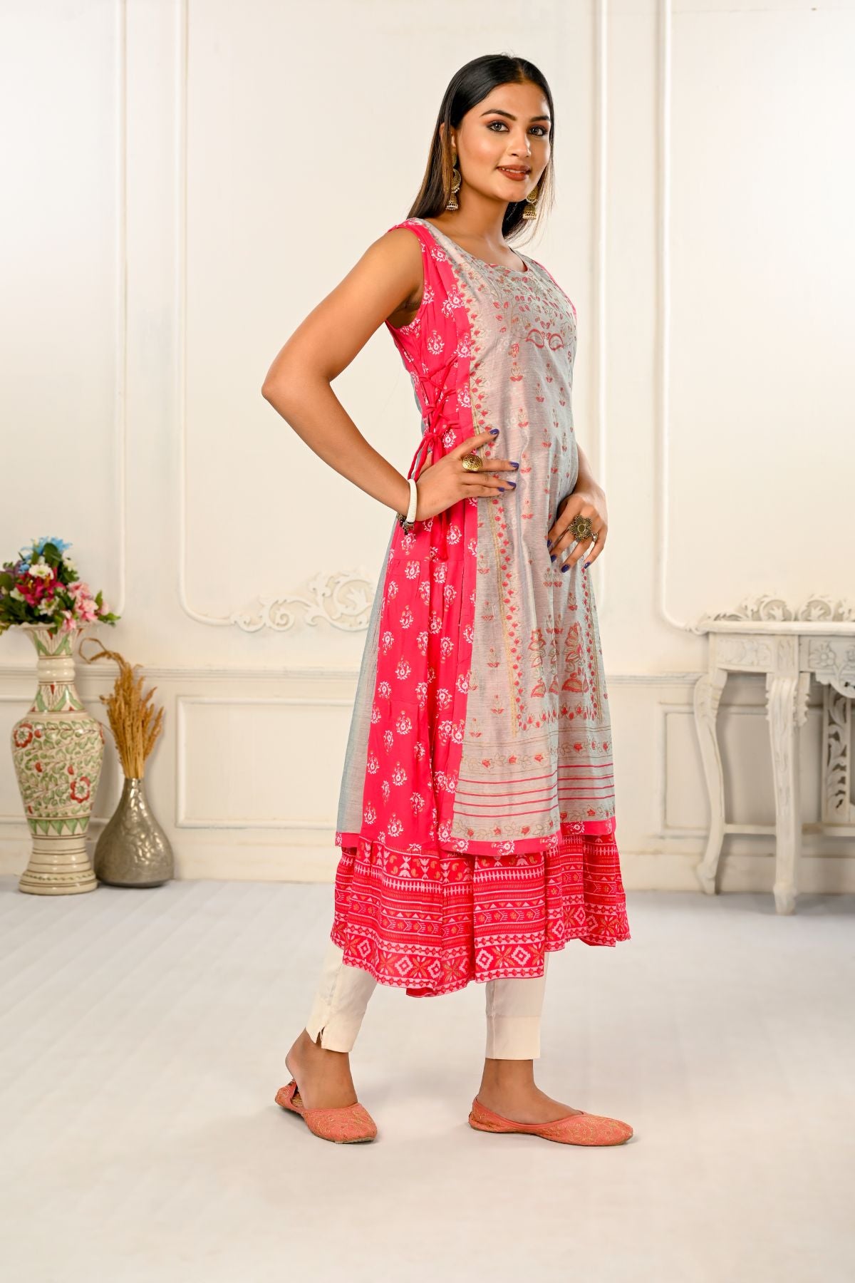 2 Layered Inner Cotton And Outward Jacket Chanderi Kurti - jivora