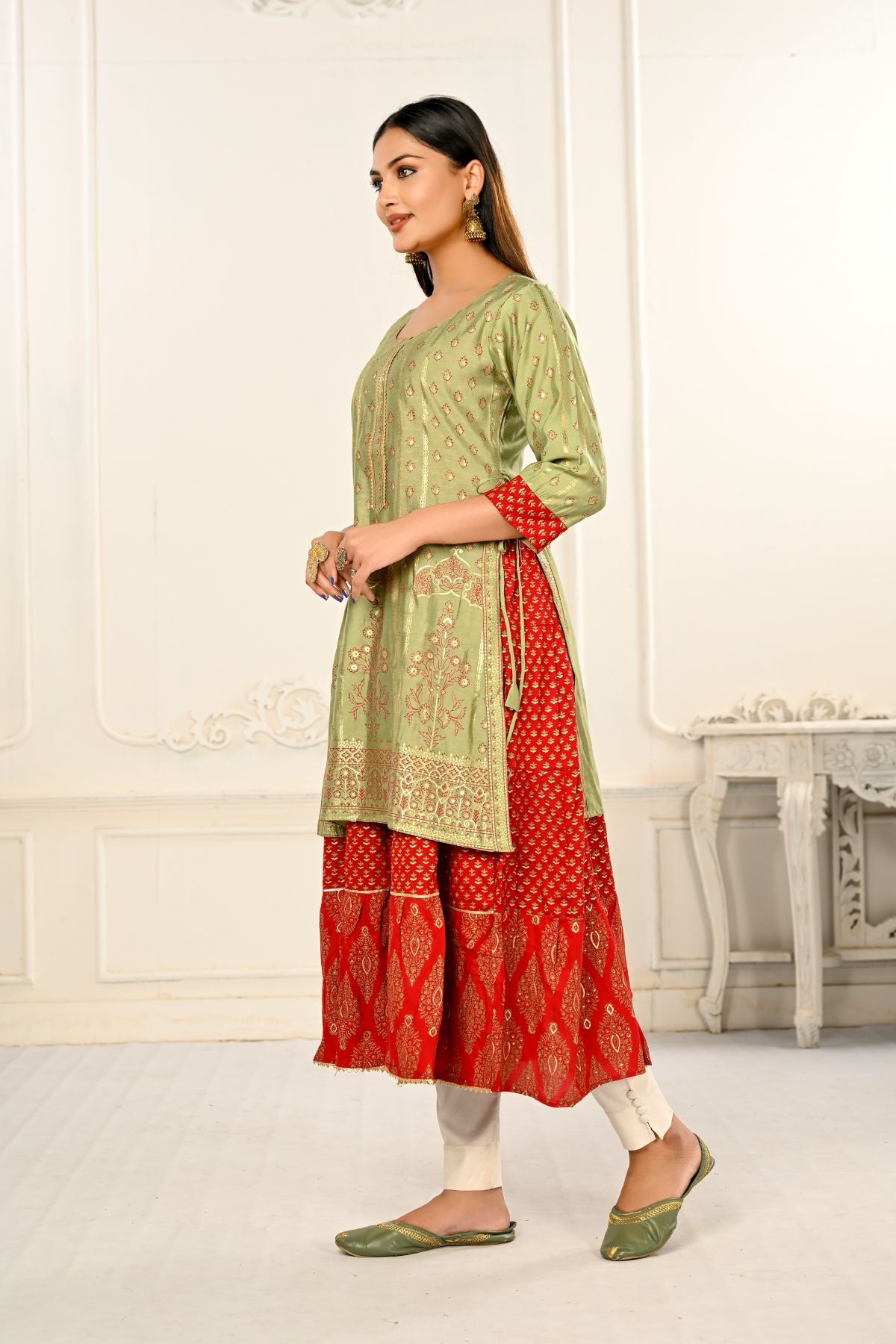 Light Cream Double layered Cotton with Handfoil Print Kurtis - jivora