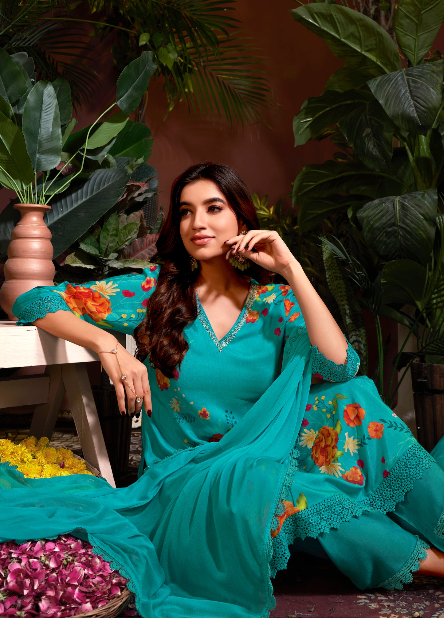 Premium Pure Muslin Fabric Santoon Bottom Chiffon Dupatta Digital Print With Hand Work/ Neck & Daman Embroidery Lace Work Salwar Kameez Dupatta 3 Pcs Set
