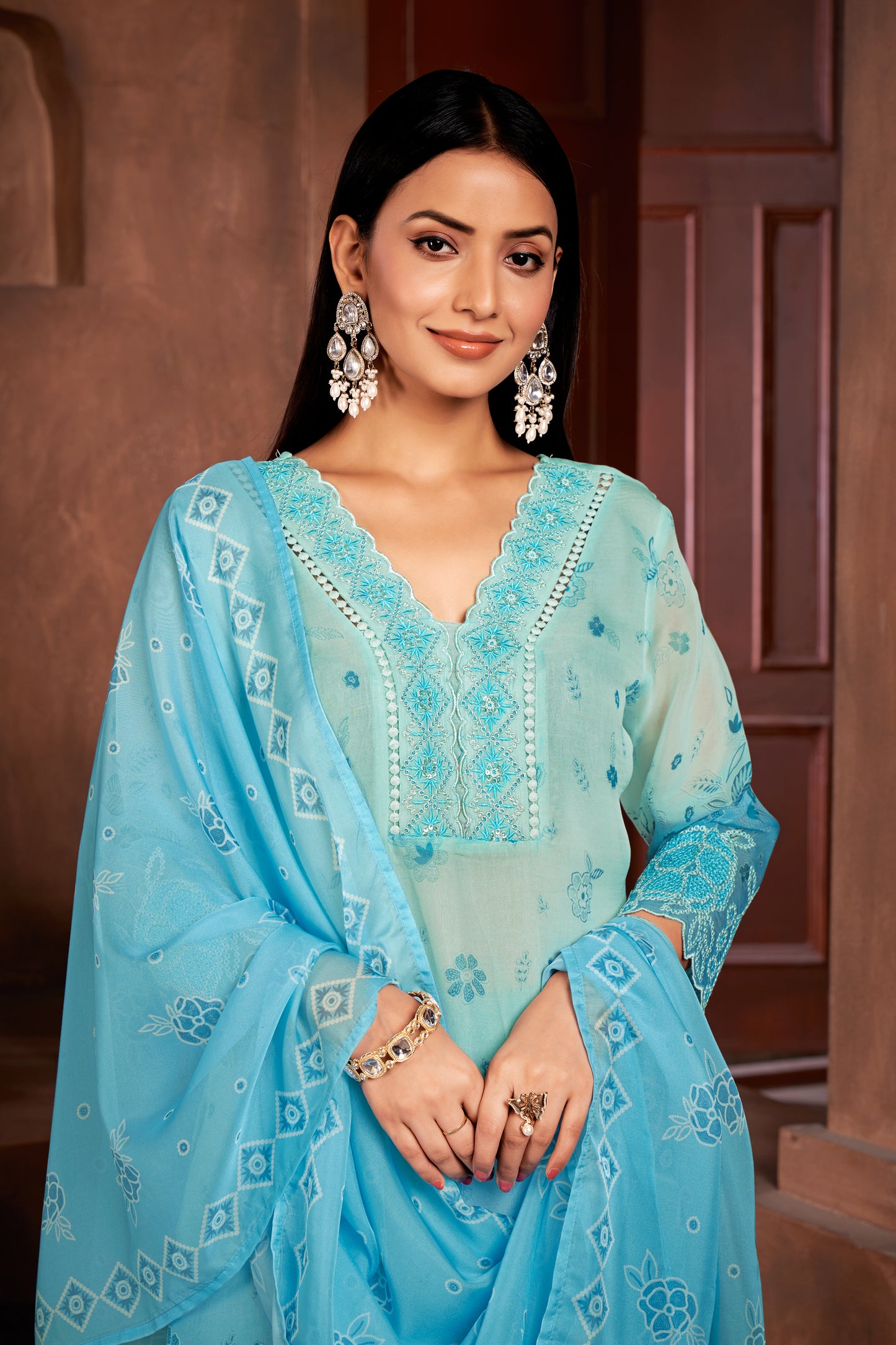 Premium Pure Muslin Fabric Santoon Bottom Chiffon Dupatta Digital Print With Hand Work/ Neck & Daman Embroidery Lace Work Salwar Kameez Dupatta 3 Pcs Set
