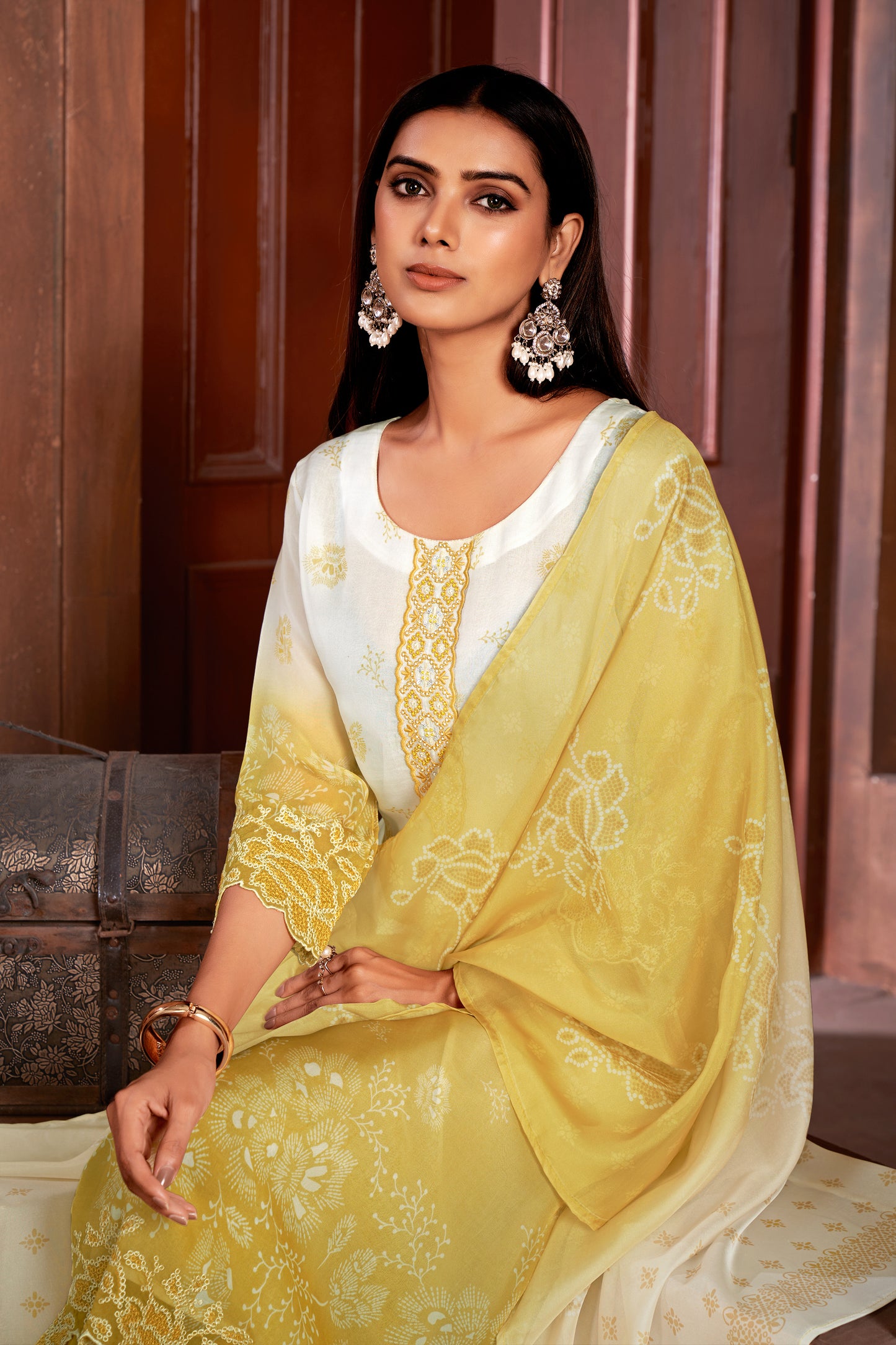 Premium Pure Muslin Fabric Santoon Bottom Chiffon Dupatta Digital Print With Hand Work/ Neck & Daman Embroidery Lace Work Salwar Kameez Dupatta 3 Pcs Set