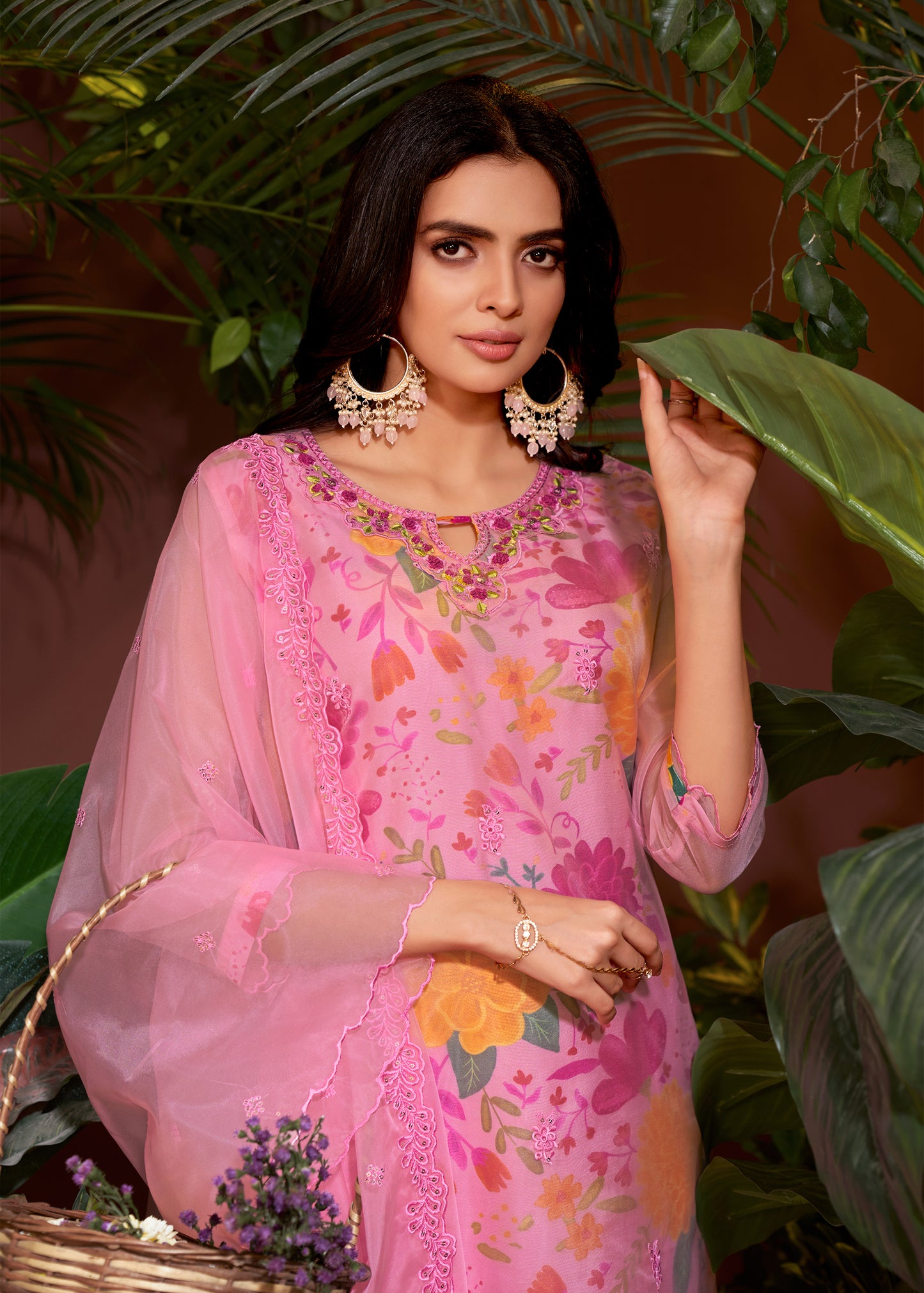 Premium Organza With Digital Print Pure Muslin Inner Santoon Bootom Oraganza Dupatta Embroidery and Sequins Daman & Neck Work With Hand Work Salwar Kameez Dupatta 3 Pcs Set