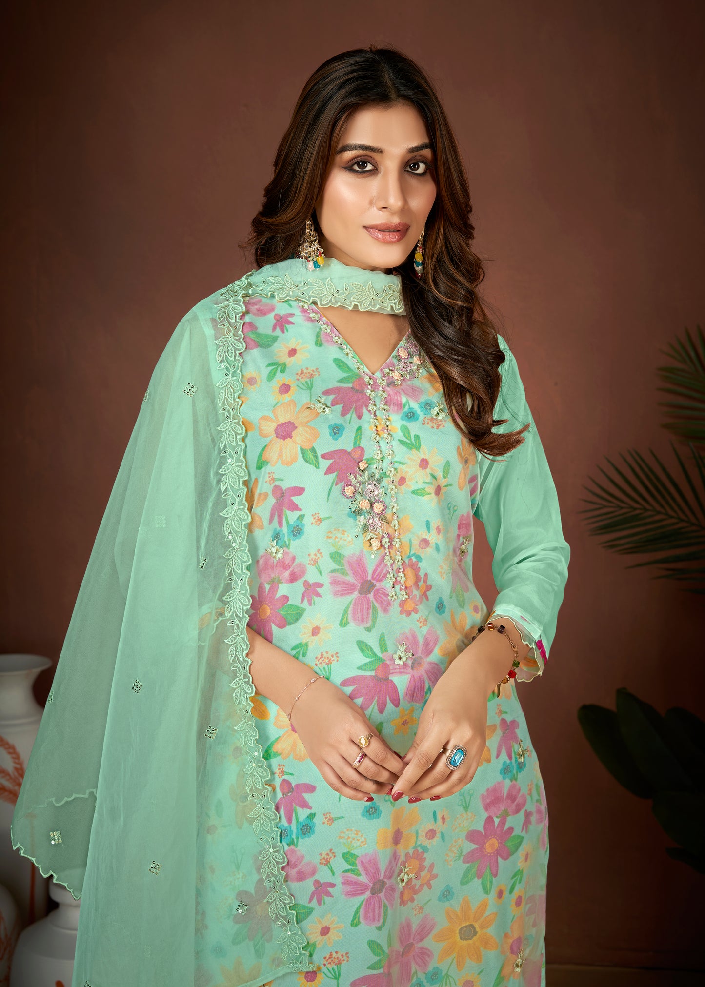 Premium Organza With Digital Print Pure Muslin Inner Santoon Bootom Oraganza Dupatta Embroidery and Sequins Daman & Neck Work With Hand Work Salwar Kameez Dupatta 3 Pcs Set