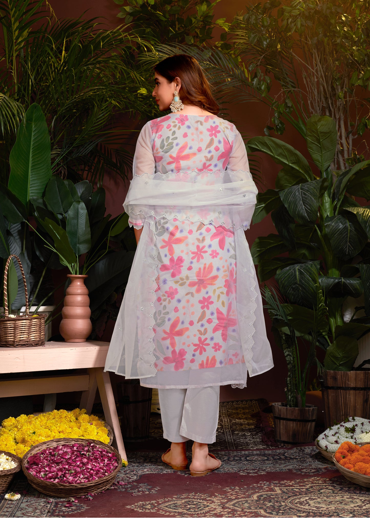 Premium Organza With Digital Print Pure Muslin Inner Santoon Bootom Oraganza Dupatta Embroidery and Sequins Daman & Neck Work With Hand Work Salwar Kameez Dupatta 3 Pcs Set