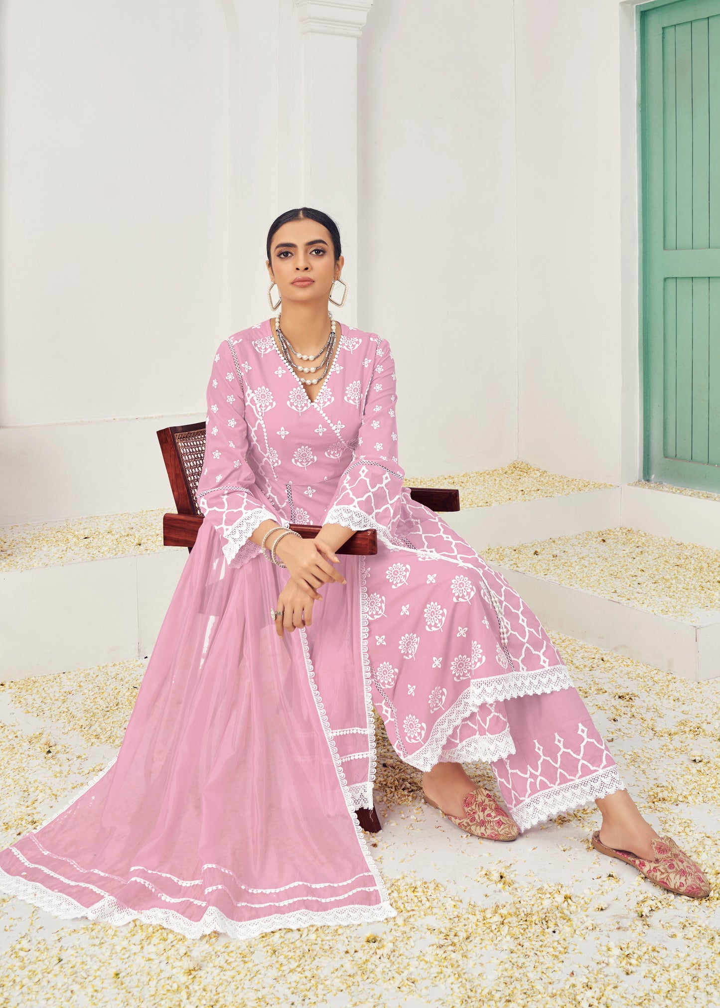 Premium Pure Cotton Fabric & Bottom Oraganza Dupatta Embroidery & Shilpi Work Salwar Kameez Dupatta 3 Pcs Set