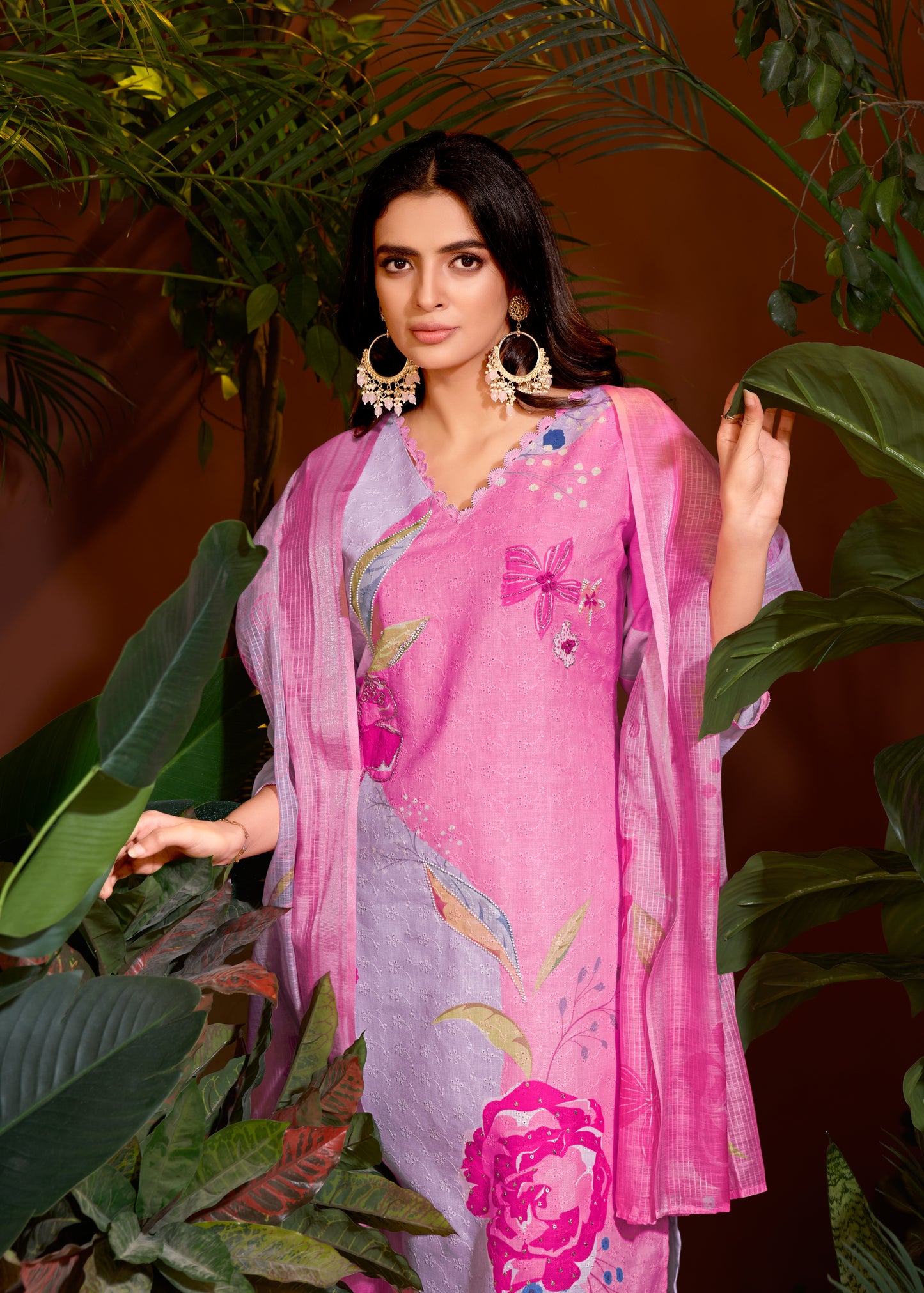 Premium Pure Linen Cotton Fabric Bottom Pure Cotton Poly Chanderi Dupatta Digital Print & Schiffli With Embroidery & Hand Work Salwar Kameez Dupatta 3 Pcs Set
