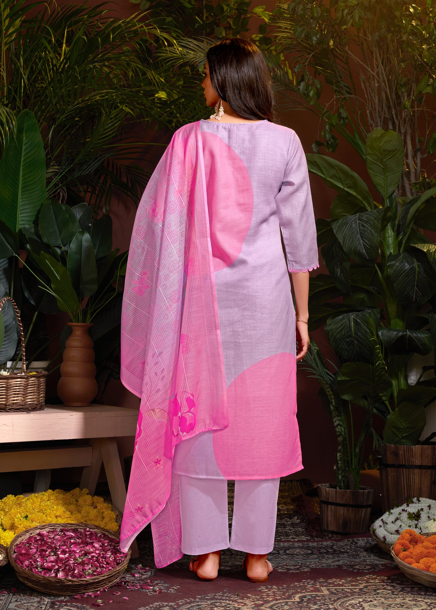 Premium Pure Linen Cotton Fabric Bottom Pure Cotton Poly Chanderi Dupatta Digital Print & Schiffli With Embroidery & Hand Work Salwar Kameez Dupatta 3 Pcs Set