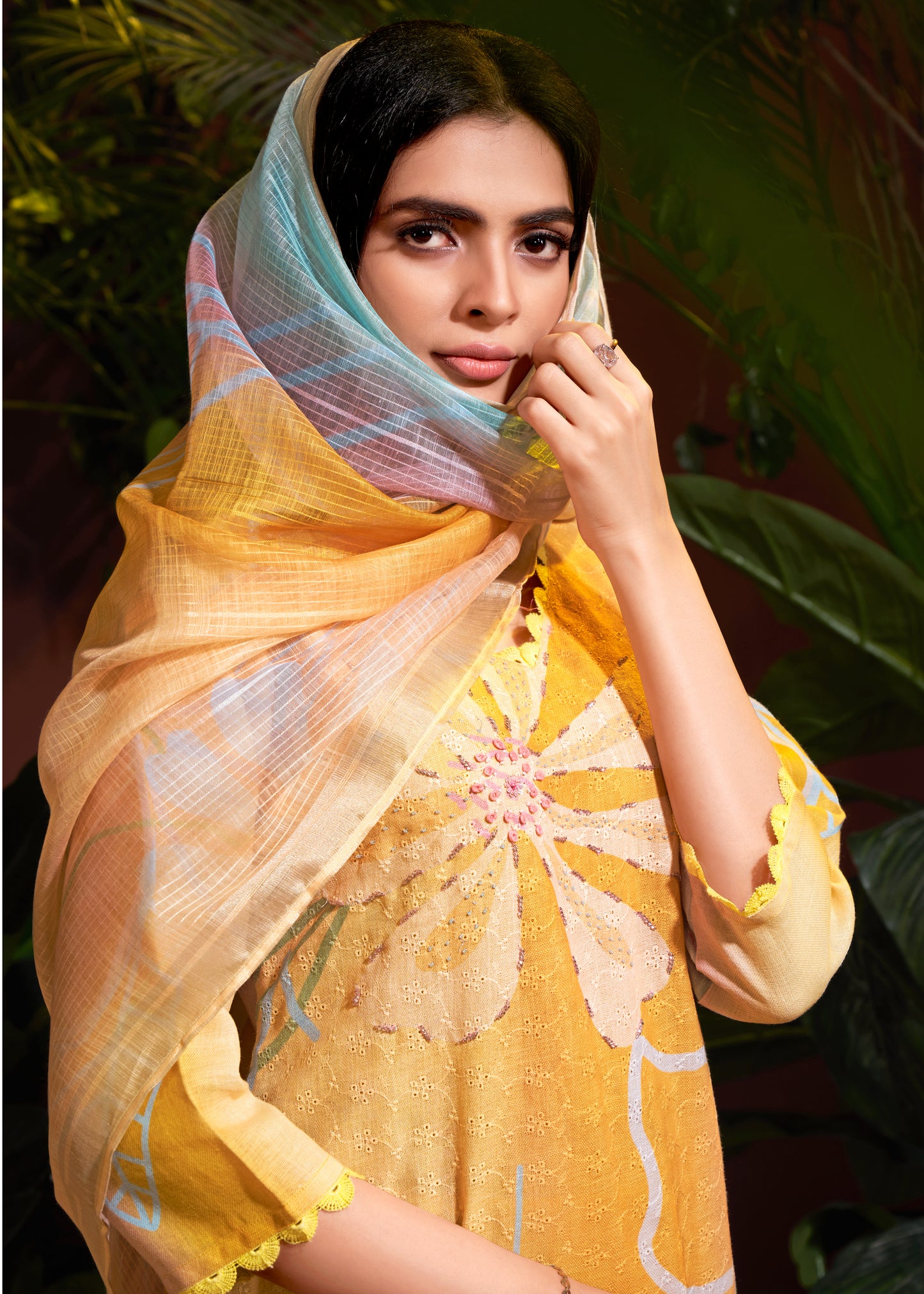 Premium Pure Linen Cotton Fabric Bottom Pure Cotton Poly Chanderi Dupatta Digital Print & Schiffli With Embroidery & Hand Work Salwar Kameez Dupatta 3 Pcs Set