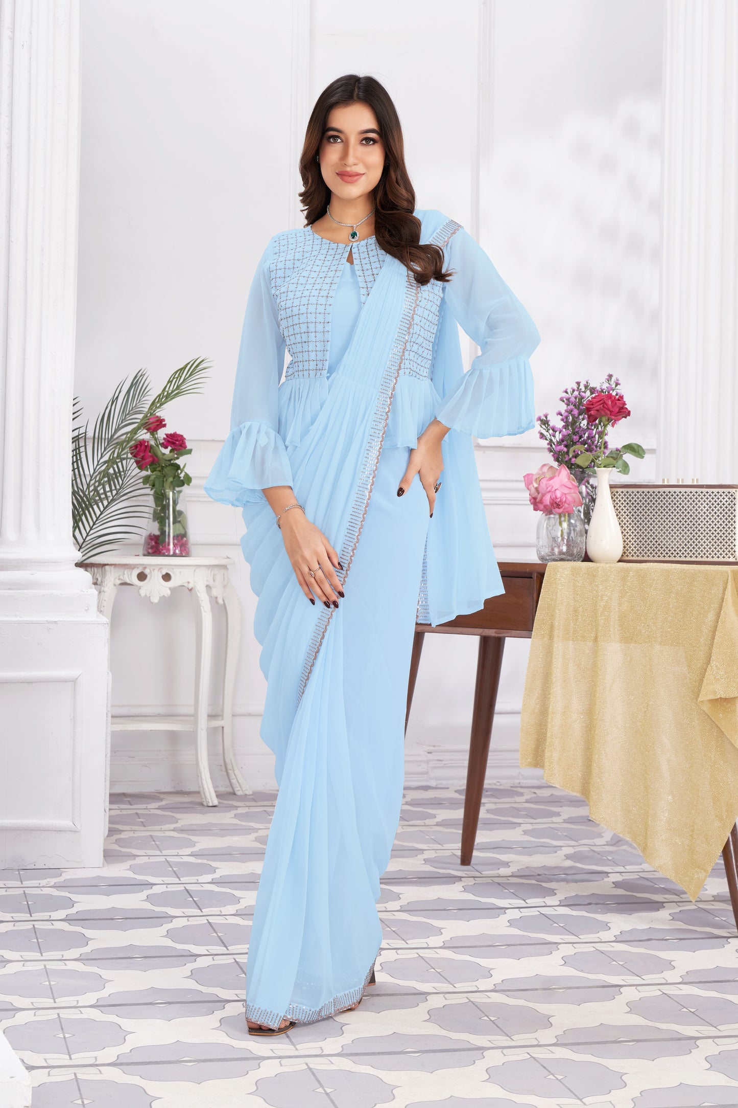 Premium Georgette Ready to Wear Saree & Stitched Blouse With Embroidery And Sequins Work Stitched Pallu Fancy Drape Sarees