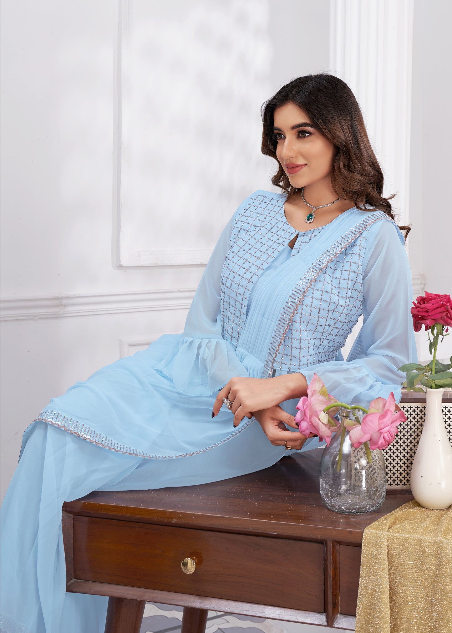 Premium Georgette Ready to Wear Saree & Stitched Blouse With Embroidery And Sequins Work Stitched Pallu Fancy Drape Sarees